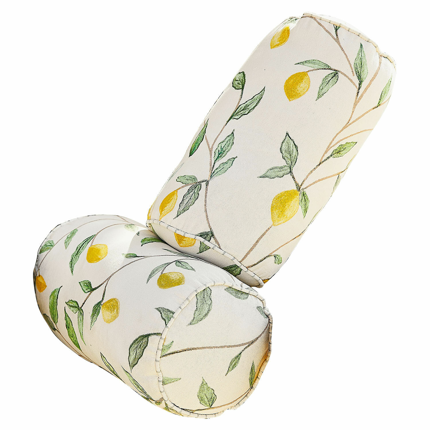 Kissenrolle 2er Set Palerina Rollenförmiges Baumwollkissen in Creme mit gelben Zitronen und grünen Blättern als Dekoration