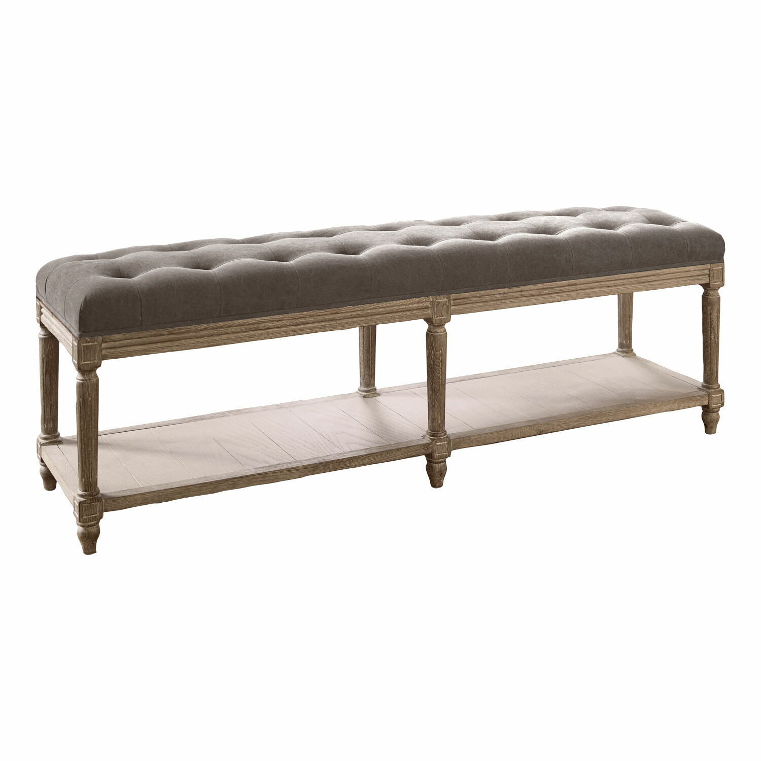 grau/antikbraun Bank Surcelles mit grauem, gepolstertem Sitz und antikbraunem Holzgestell im Vintage-Stil