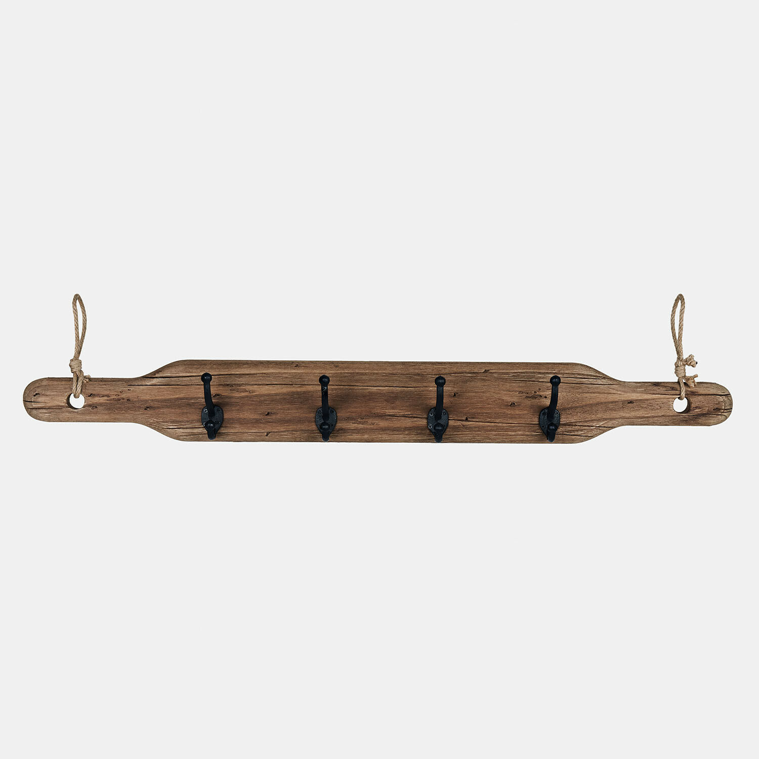 Havsberg Hakenleiste aus braunem Holz mit vier schwarzen Metallhaken für Flur oder Küche