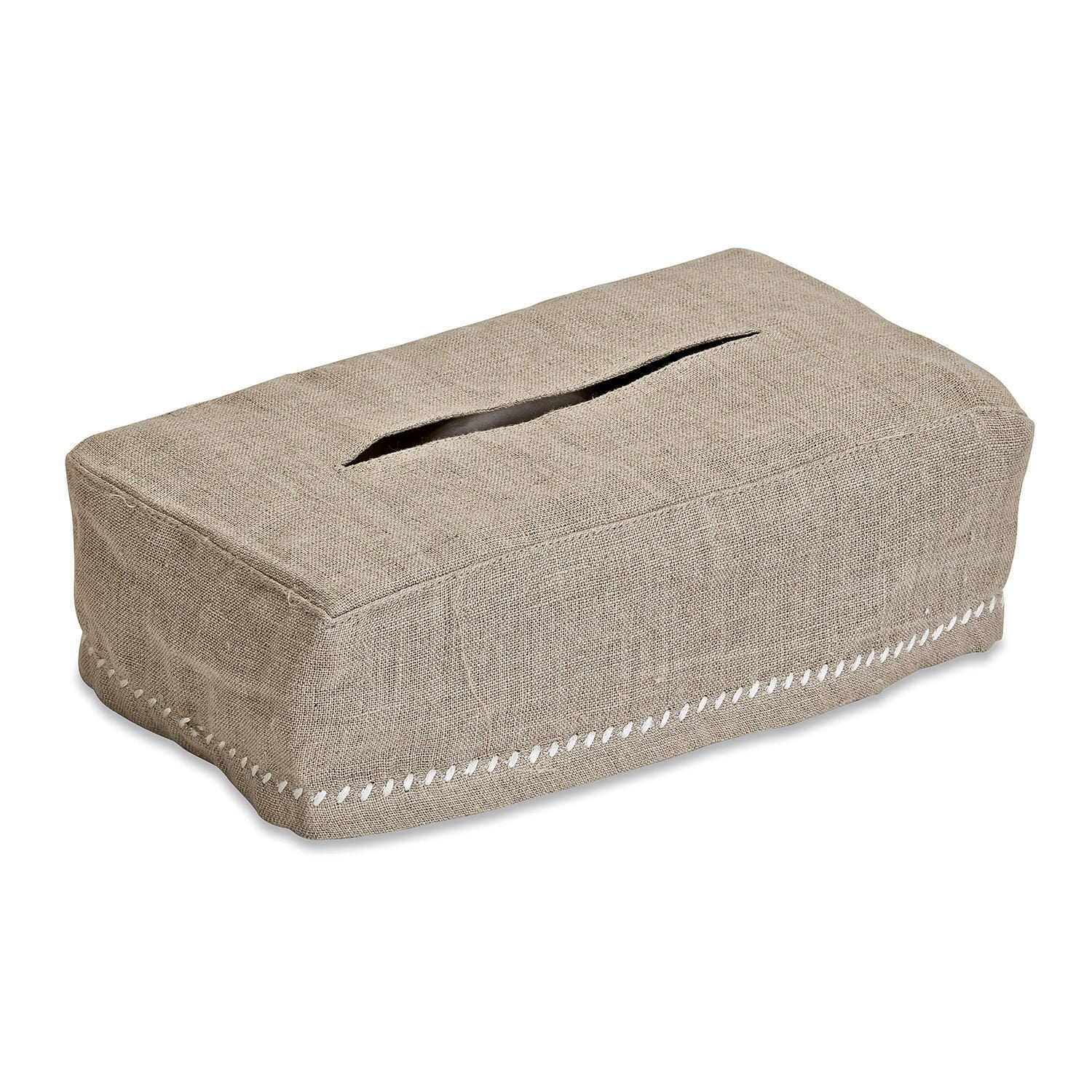 Beige Leinenhusse für Taschentuchbox mit weißer Ziernaht, dekorativer Wohnaccessoire