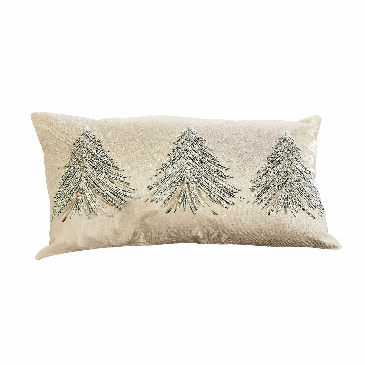 Kissenhülle Amandique Beige Dekokissen aus Baumwolle mit silbernen Tannenbaum-Stickereien für gemütliche Wohnräume