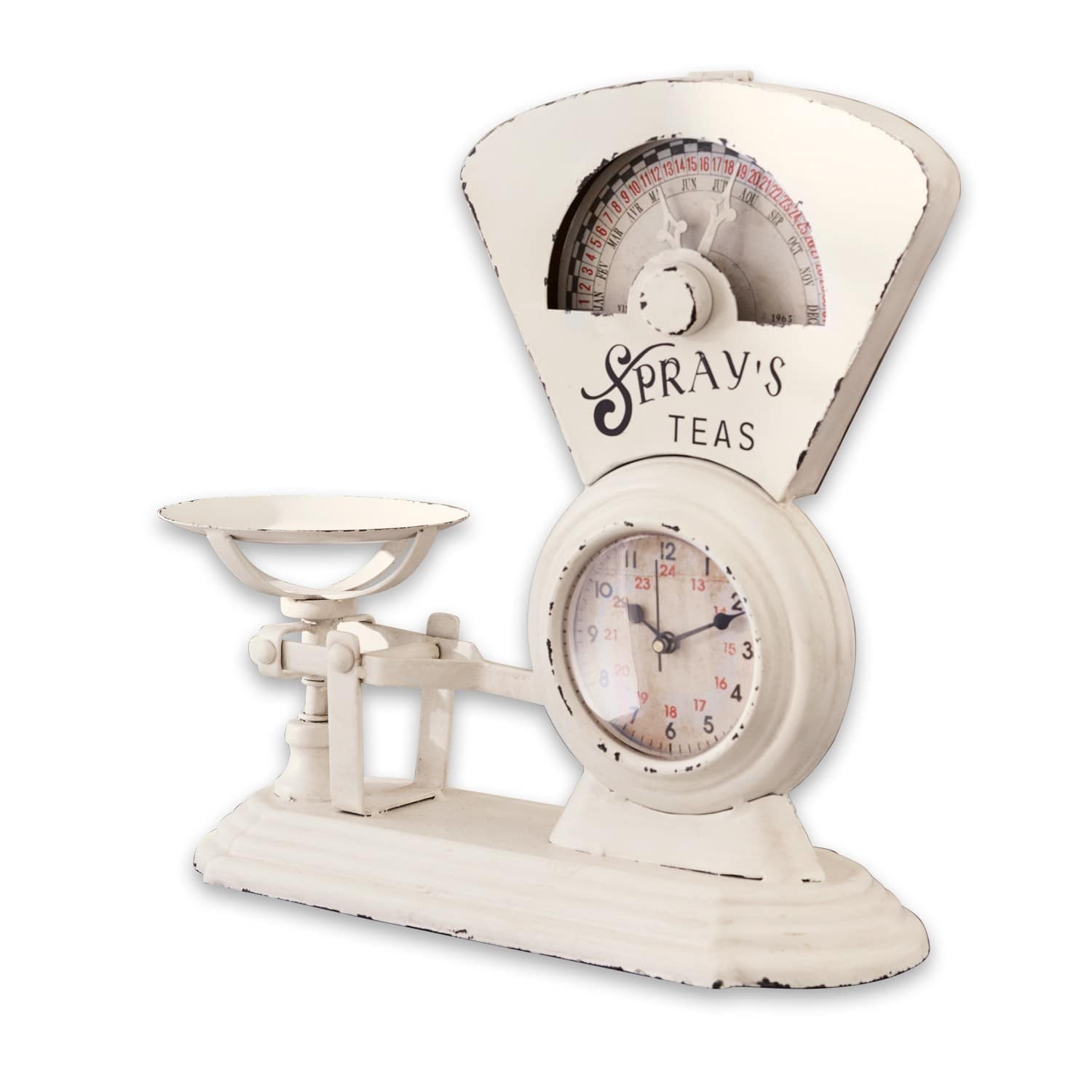 Uhr Balances Weiße Metall-Küchenwaage mit Uhr und Schriftzug Spray's Teas im Vintage-Stil, Küchendekoration