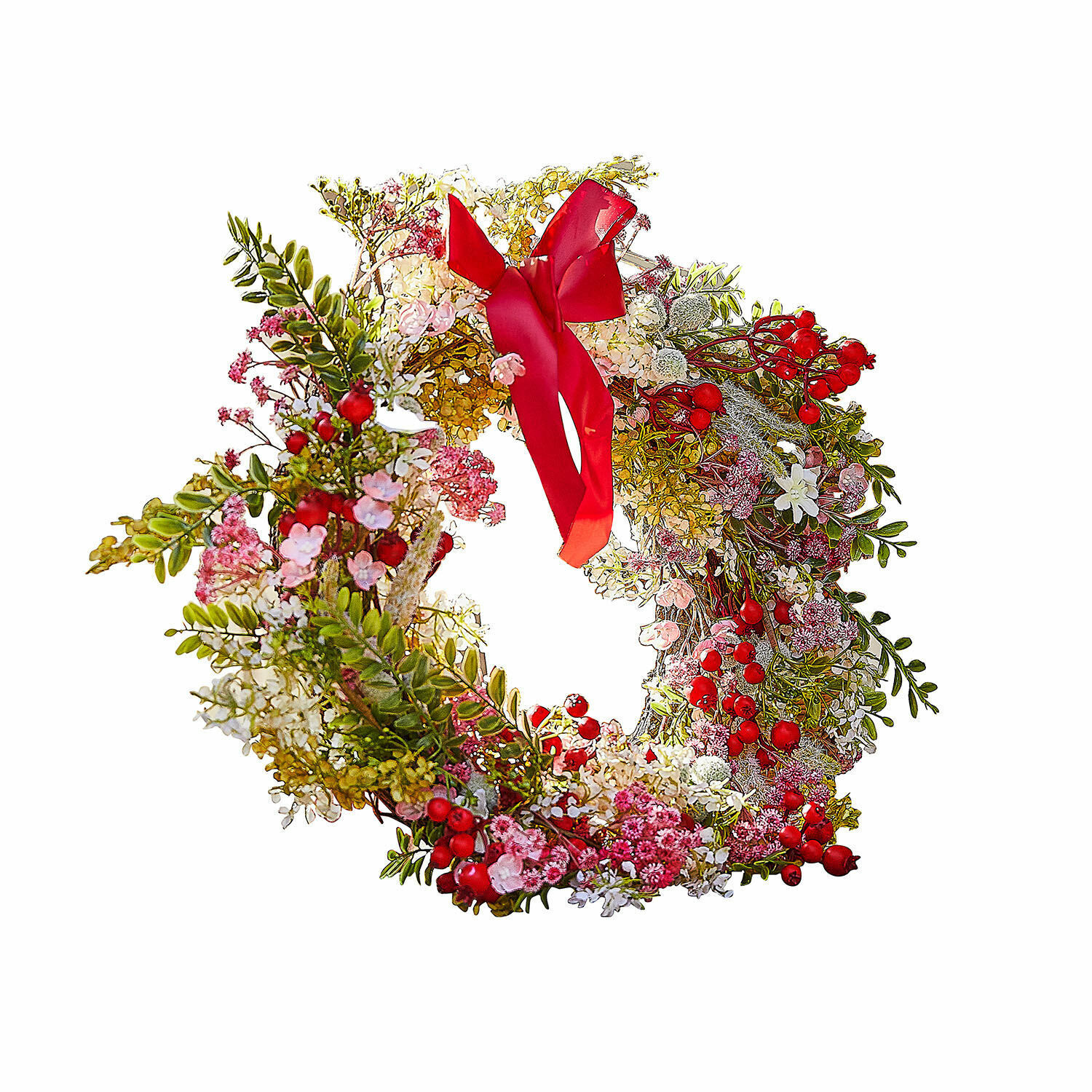 Kranz Selivane Dekorativer Kranz mit roten Beeren, grünen Blättern und rosa Blumen mit roter Schleife