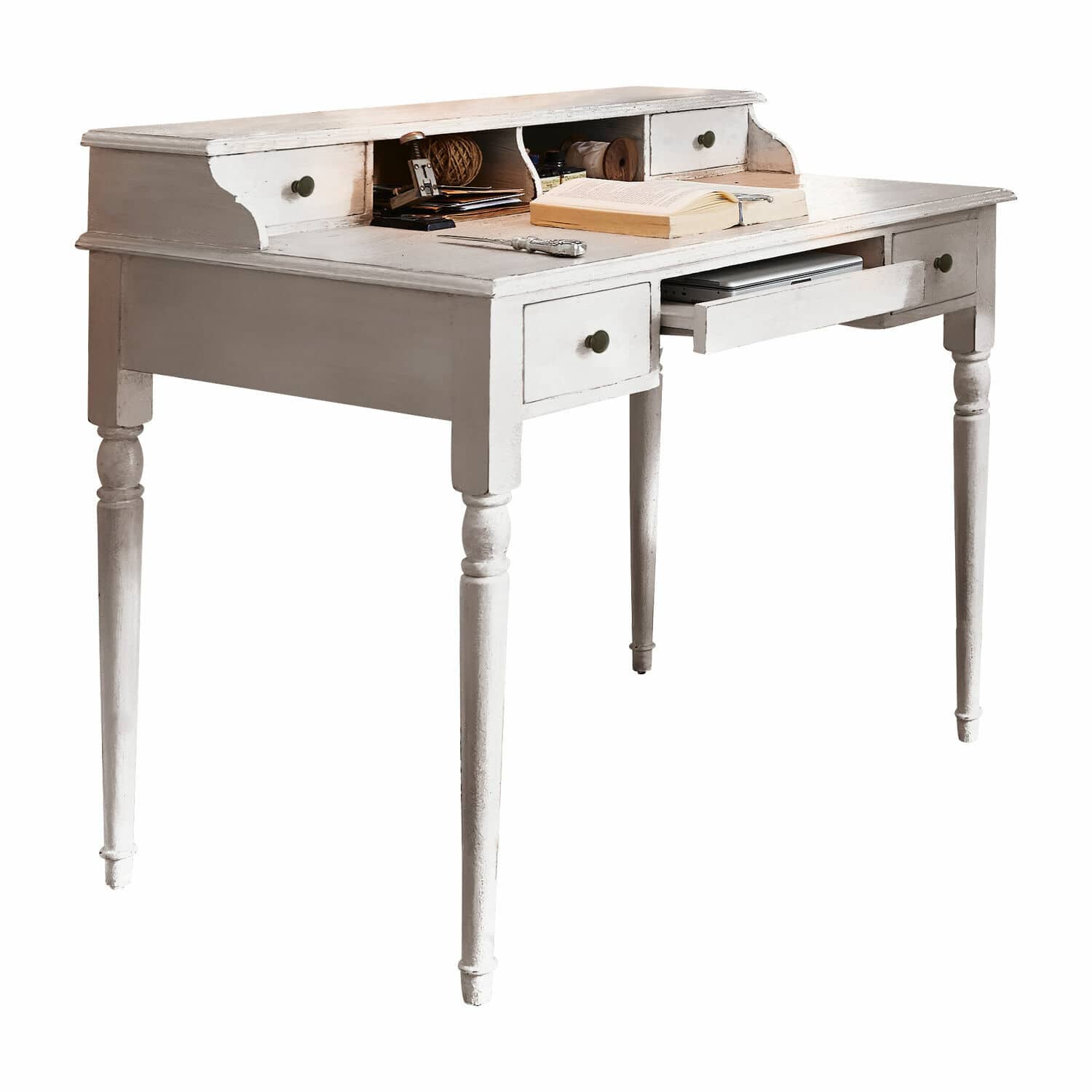 Sekretär Isabelle Weißer Holzschreibtisch mit Schubladen und Fächern im Vintage-Stil, Arbeits- und Aufbewahrungsmöbel