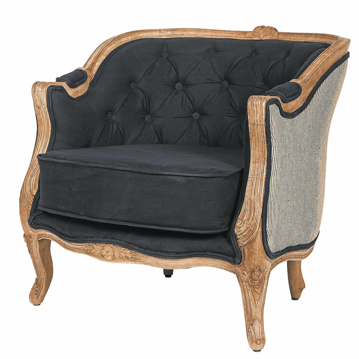 Sessel Annezay Vintage Sessel mit geschnitztem Holzrahmen und schwarzer Polsterung, elegantes Wohnzimmermöbel