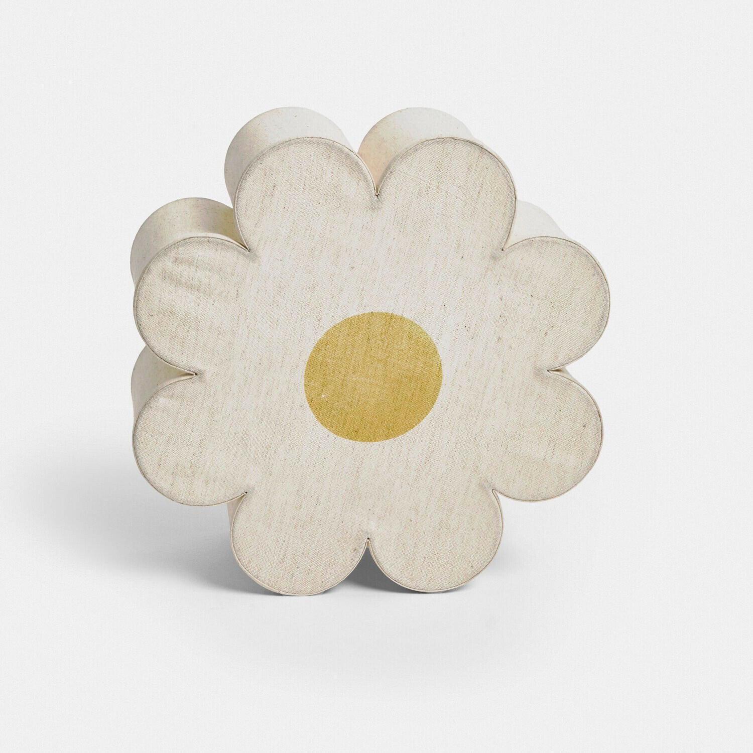 Blumenförmiges Kissen aus Baumwolle in Creme mit gelbem Mittelpunkt, dekoratives Wohnaccessoire