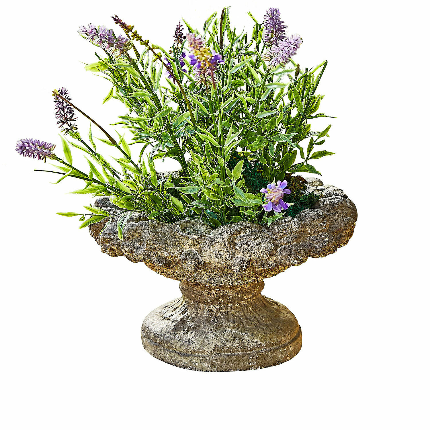 Amphore Bellivon Dekorativer Steintopf mit grünen Blättern und violetten Blüten für Gartendekor