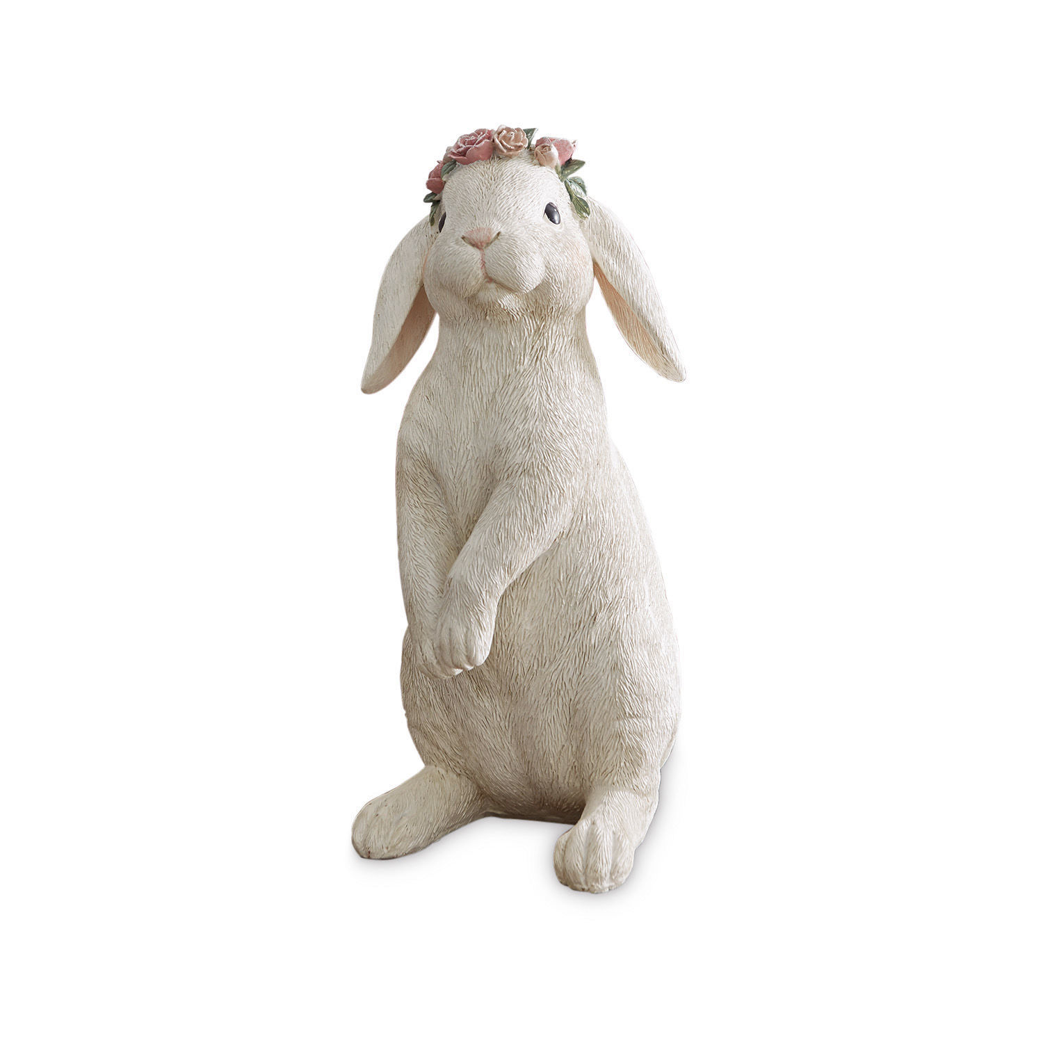 creme Kremfarbener Hasenfigur mit Blumenkranz, rustikale Dekofigur für Wohnräume