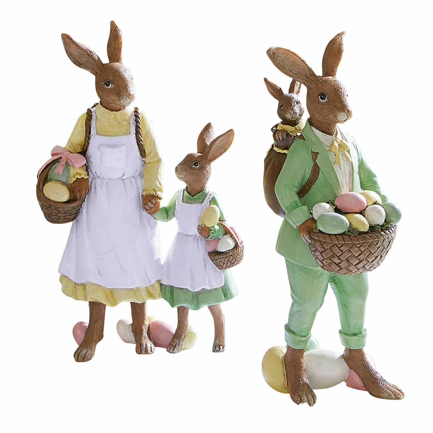 Osterhasen-Figuren aus Resin mit Körben bunter Eier, dekorative Frühlingsdekoration