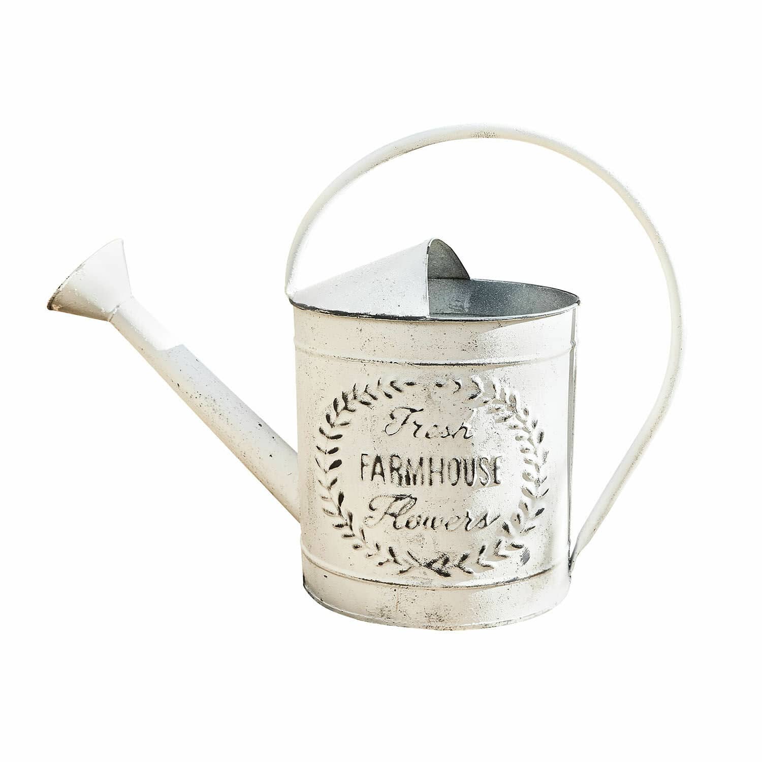 Gießkanne Farmhouse Weiße Metall-Gießkanne mit Schriftzug Fresh Farmhouse Flowers im rustikalen Stil