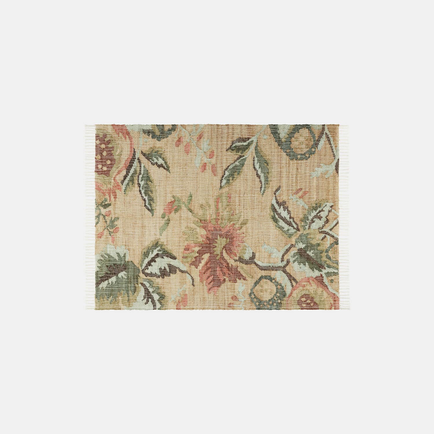 Teppich Lorviano Teppich aus Naturmaterial in Beige mit floralem Muster und grünen Blättern für Wohnräume
