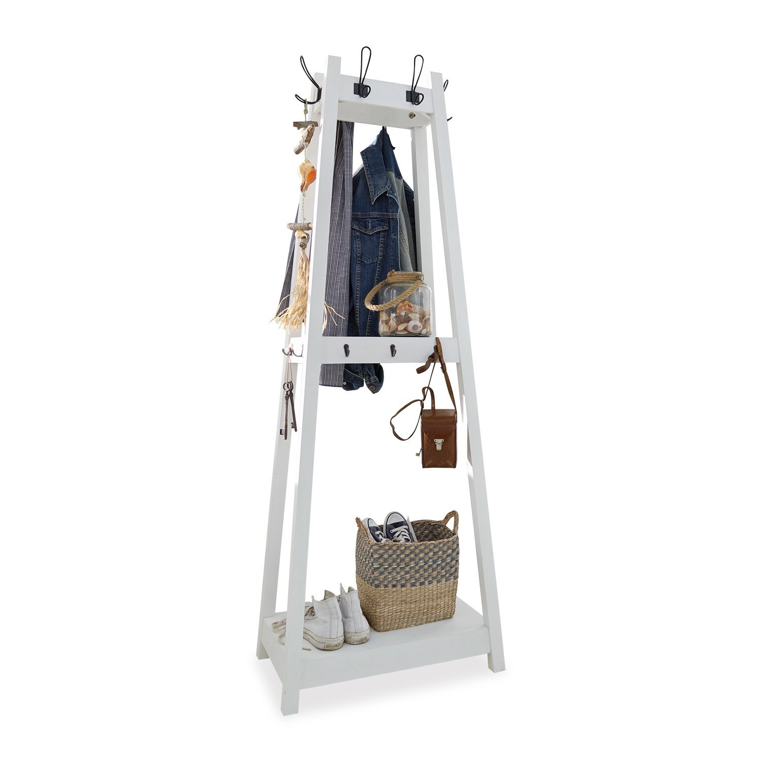 Weiße Holz-Garderobe Josefin mit Haken und Schuhablage für den Flur