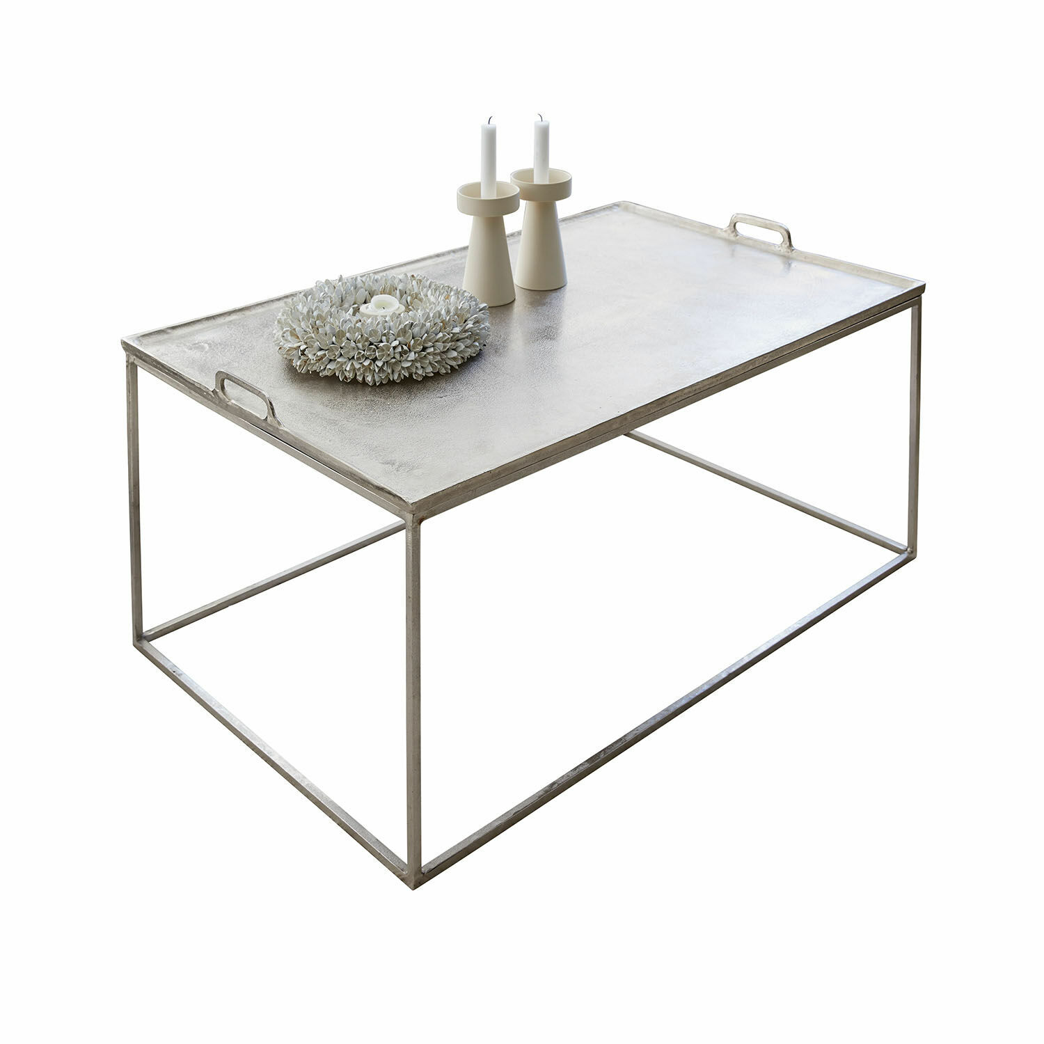 Couchtisch Bellingham Moderner Couchtisch mit silbernem Metallgestell und dekorativen weißen Kerzenhaltern