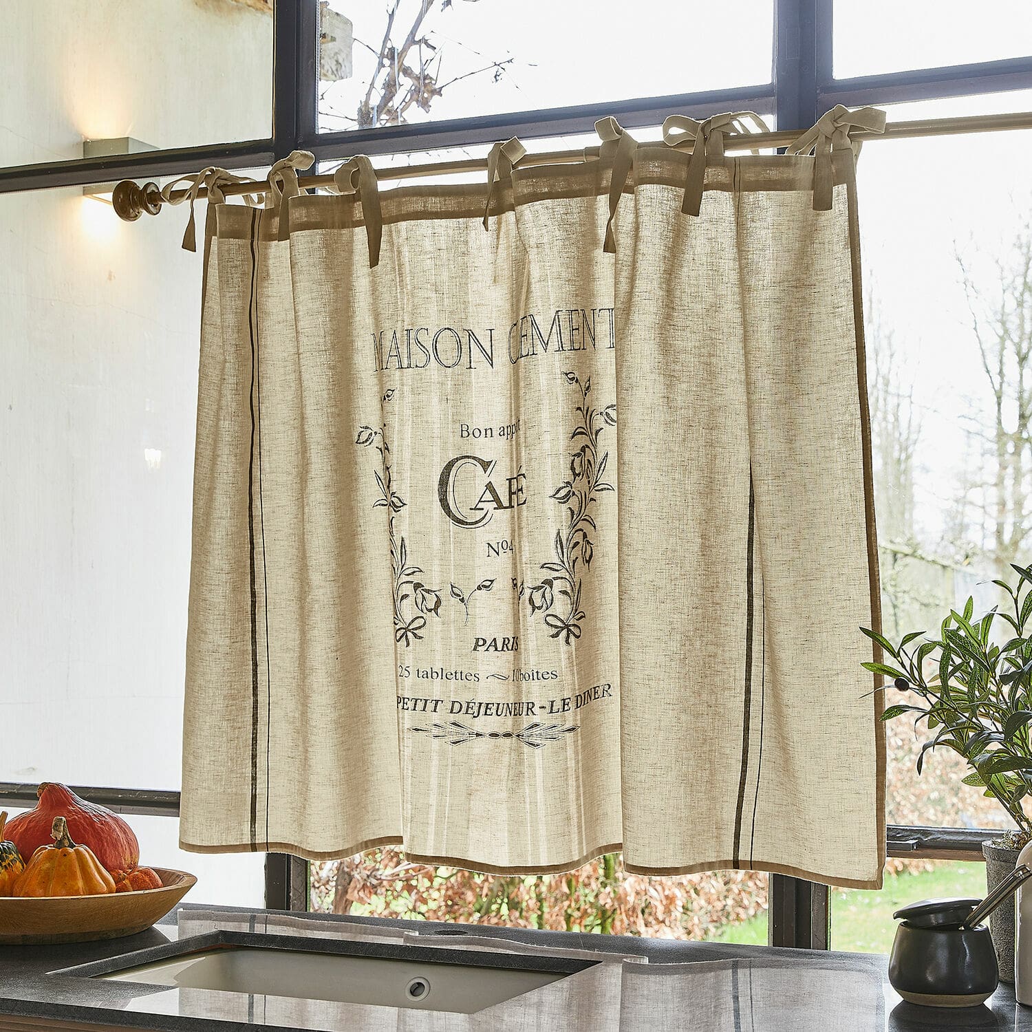 Scheibengardine Girest Beige Leinenvorhang mit schwarzem Kaffee-Print, Küchenfensterdeko aus natürlichem Material
