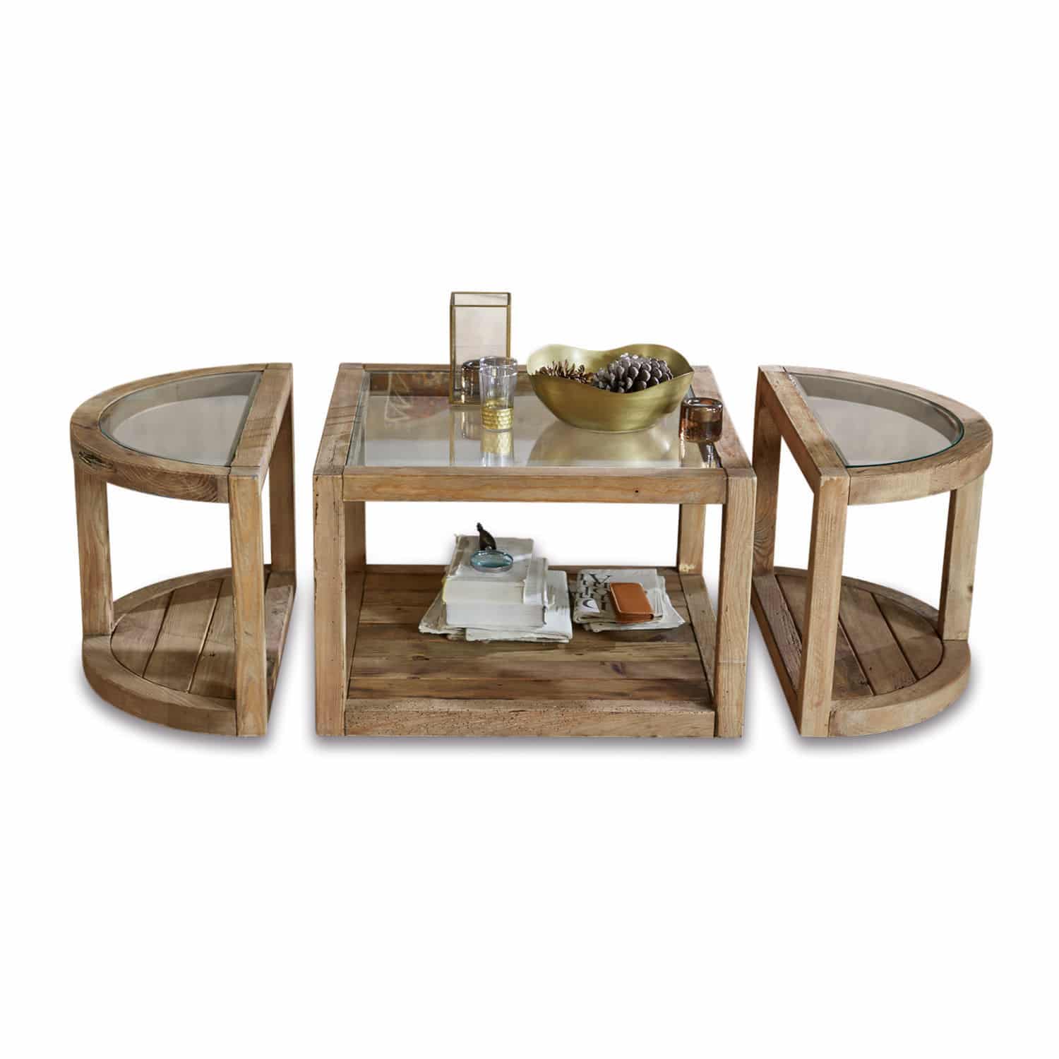 Couchtisch Hyllorian Set aus Couchtischen aus Holz und Glas in Naturfarbe, praktisches und stilvolles Wohnzimmermöbel