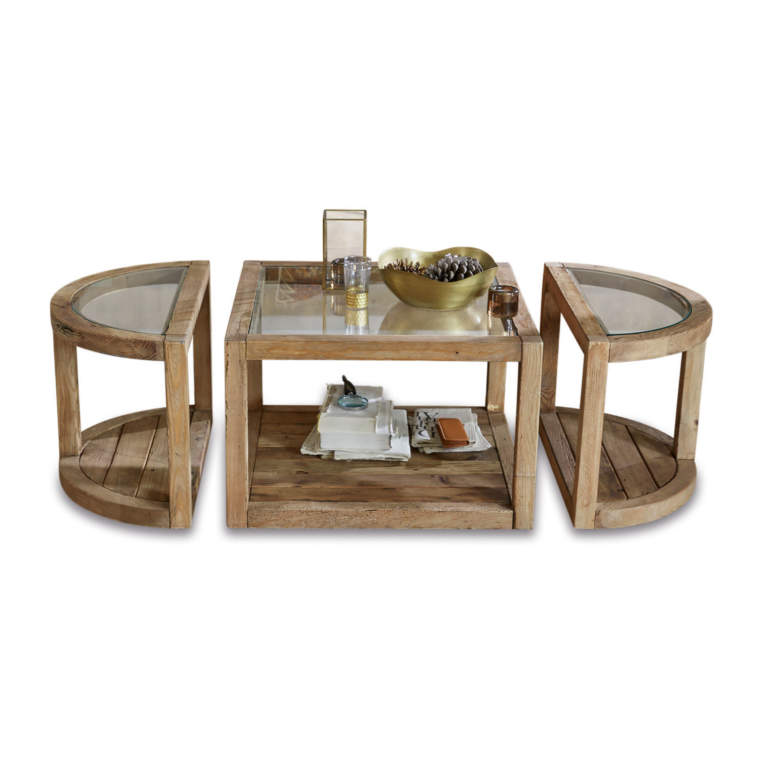 Couchtisch Hyllorian Set aus Couchtischen aus Holz und Glas in Naturfarbe, praktisches und stilvolles Wohnzimmermöbel