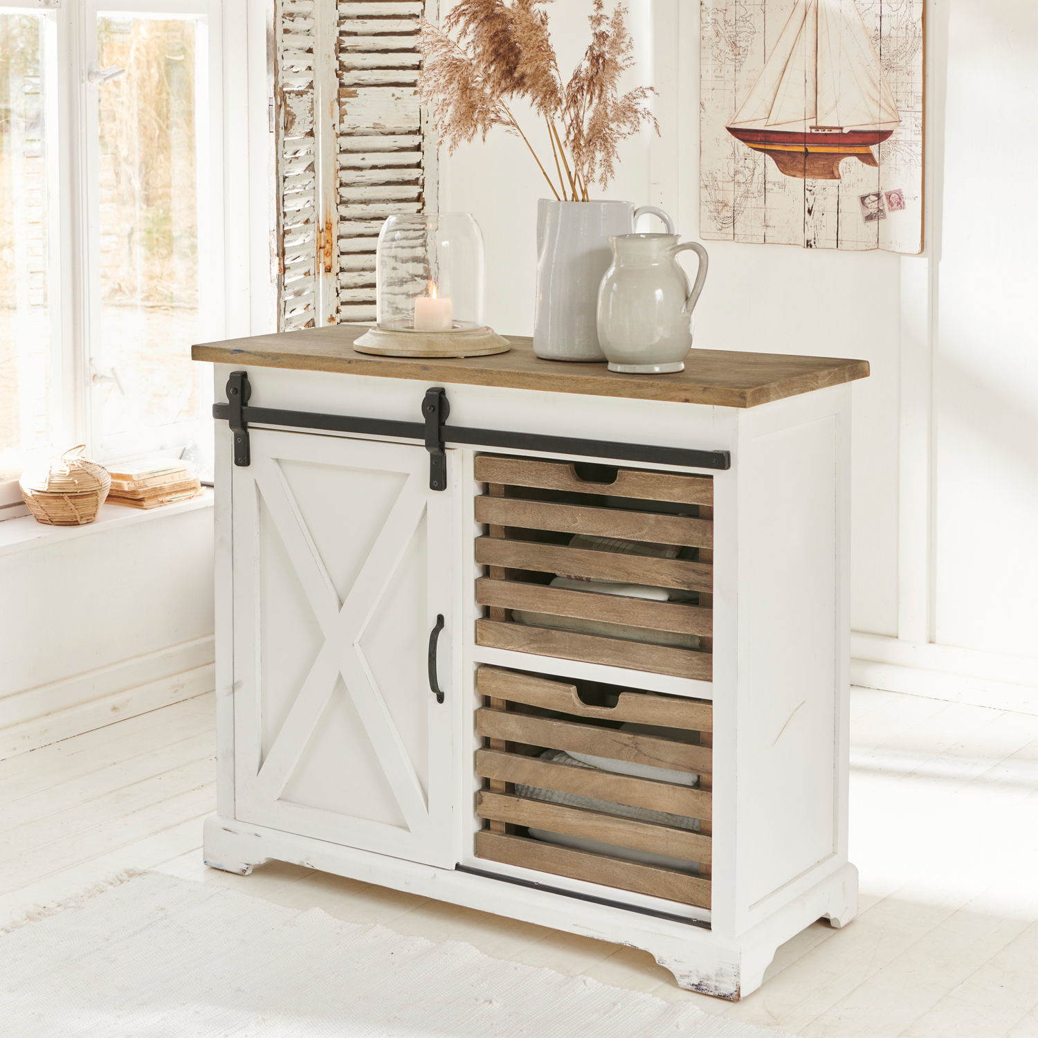 Kommode Bastid Weiße Holzkommode mit Naturholzplatte und rustikalen Schubladen im Landhausstil für Wohnzimmer