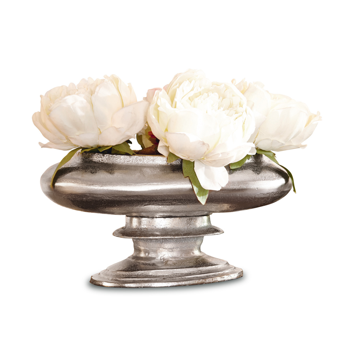 Vase Loyère Dekorative silberne Metallschale mit weißen Blumen für Wohnraum und Dekoration