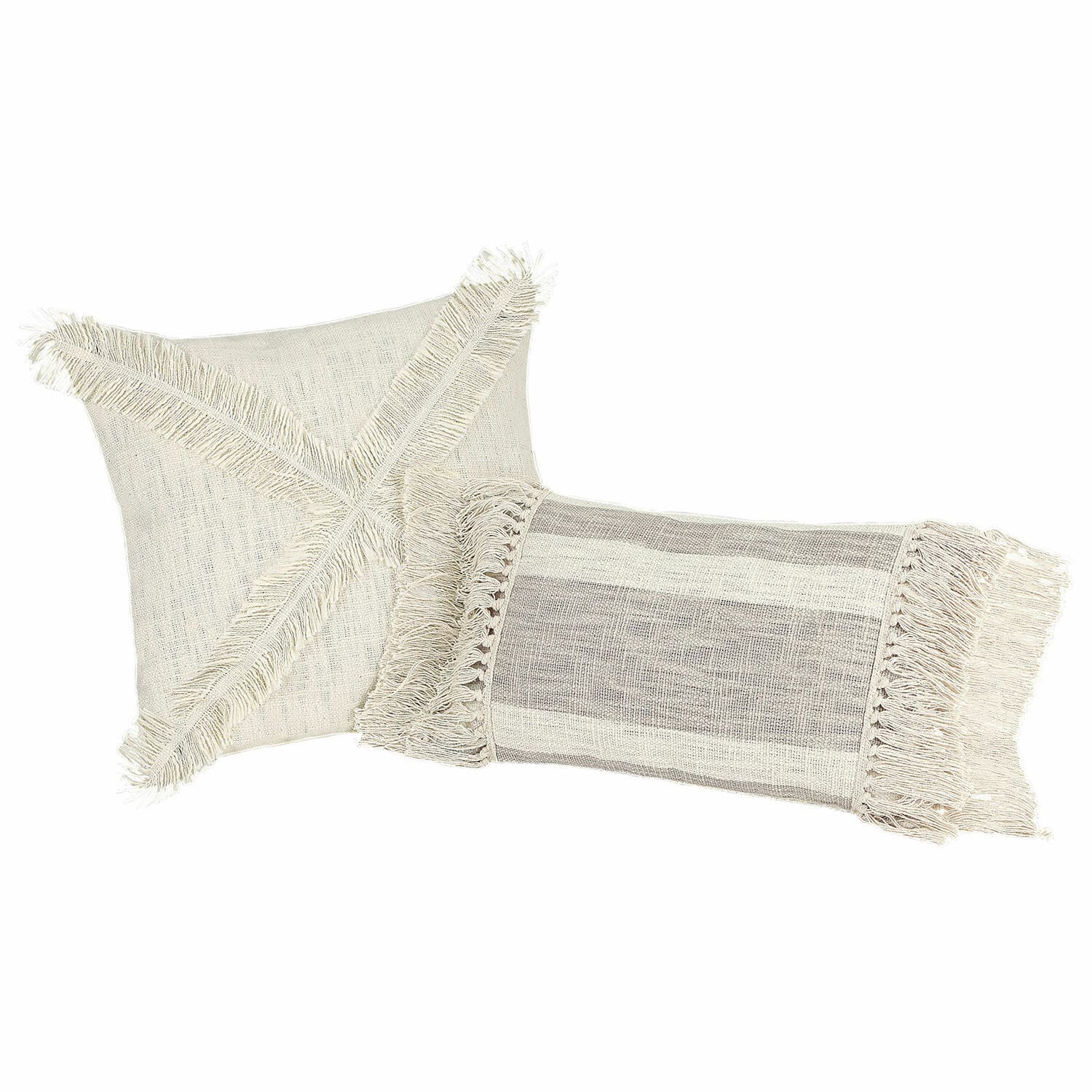 Kissenhülle 2er Set Freya Set aus zwei dekorativen Baumwollkissen in Creme mit Fransen, Boho-Stil