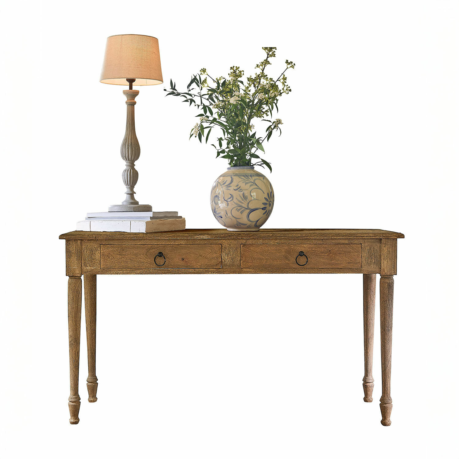 Konsole Jovrac Holztisch mit zwei Schubladen, darauf Lampe und Keramikvase mit grünen Blumen