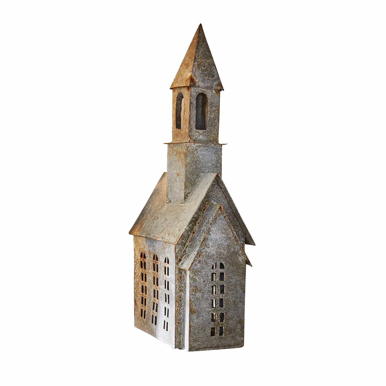 Metall-Dekoration in Form einer grauen Kirche mit ausgeschnittenen Fenstern, Deko für Innen- und Außenbereich