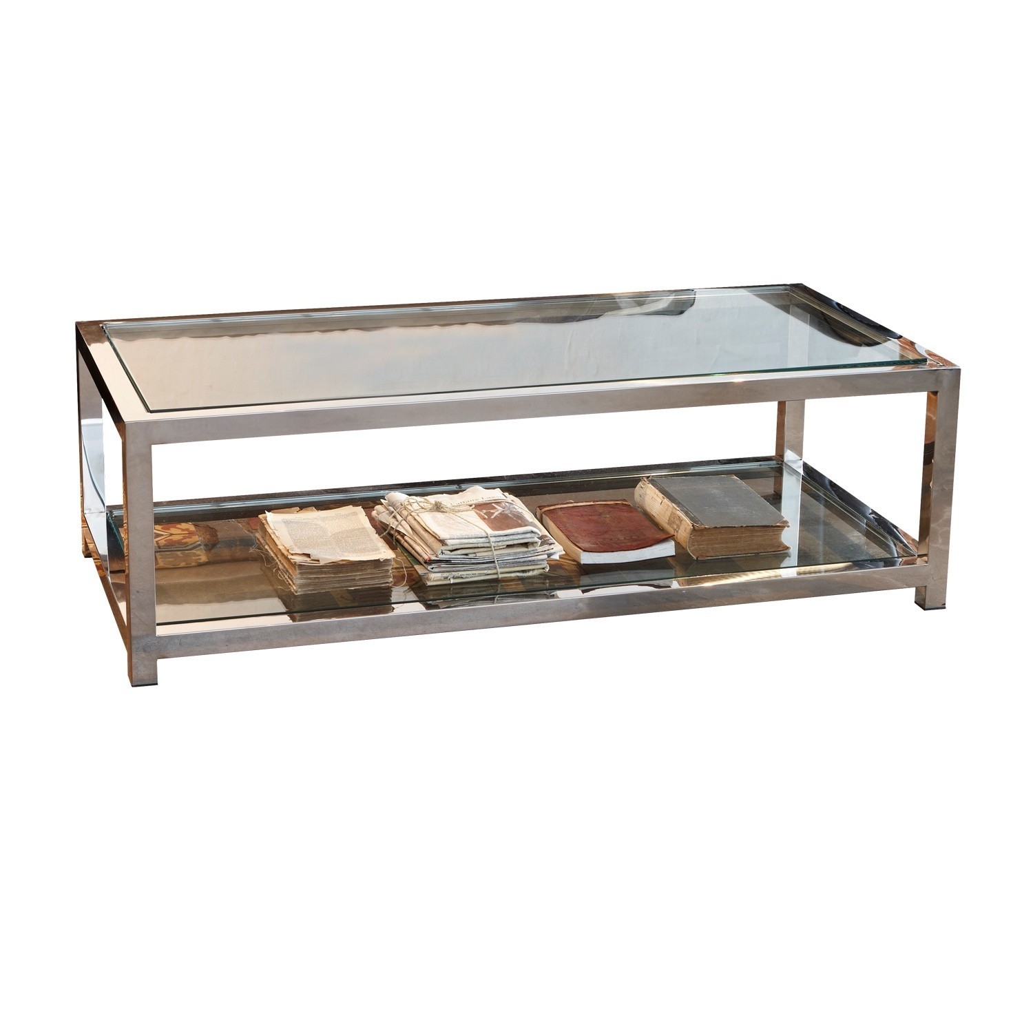 Couchtisch Clayton Moderner Couchtisch aus Glas und silbernem Metall mit Ablage für Bücher und Zeitungen