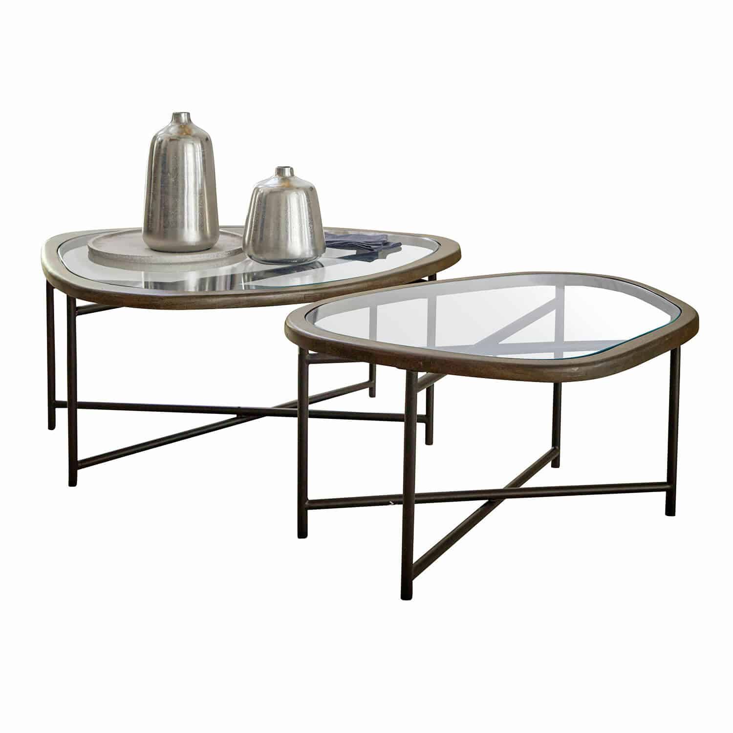Couchtisch 2er Set Kembria Zweier-Set Couchtische mit Metallgestell und braunem Glasplatten-Design