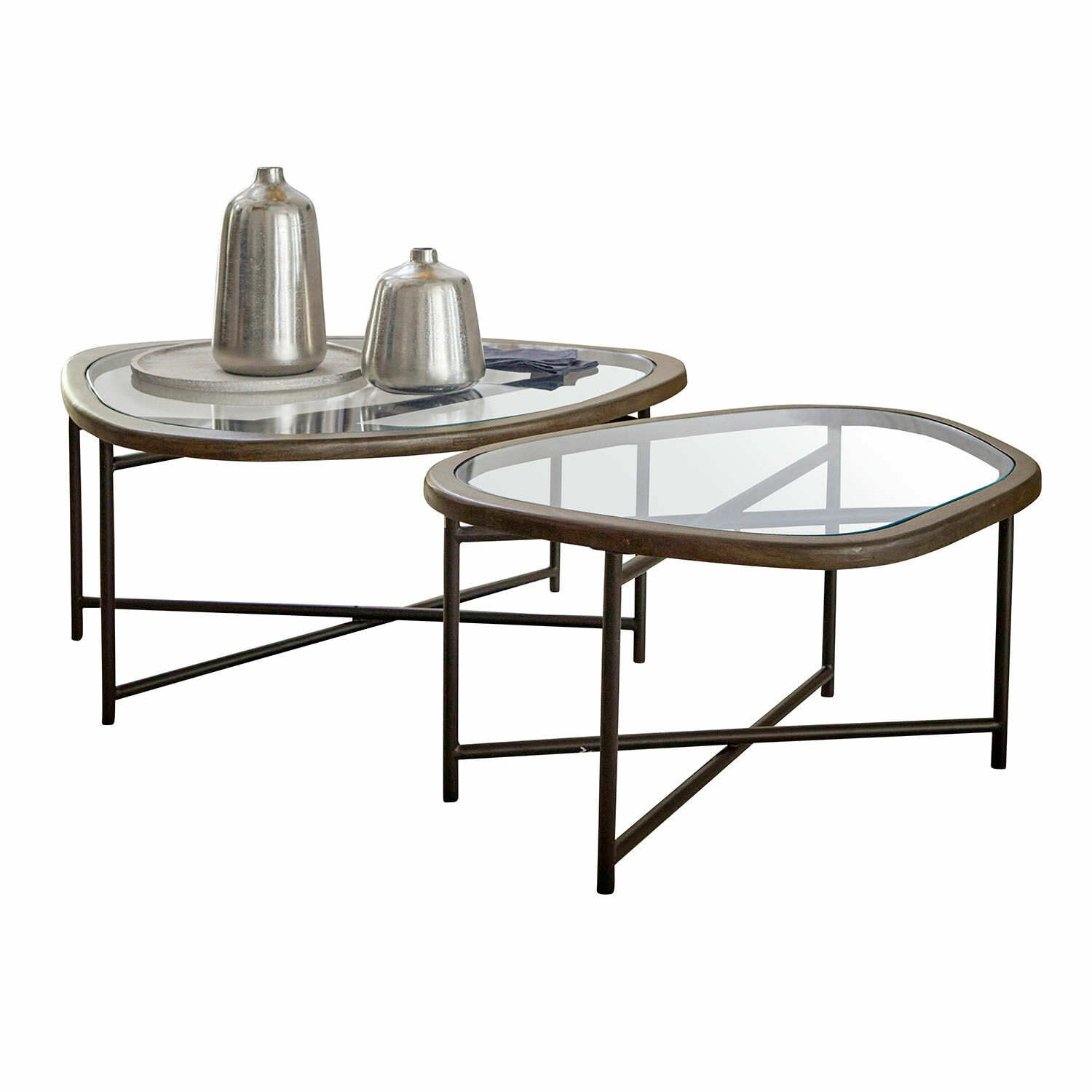 Couchtisch 2er Set Kembria Zweier-Set Couchtische mit Metallgestell und braunem Glasplatten-Design
