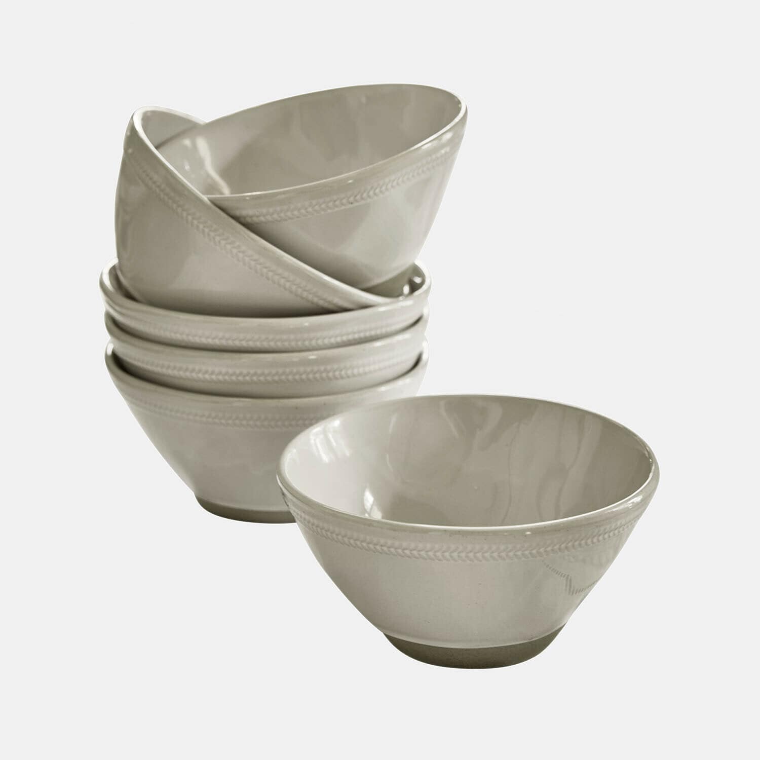 Schüssel 6er Set Norrvik Set aus sechs cremefarbenen Keramikschalen mit feinem Muster am Rand, ideal zum Servieren von Suppen