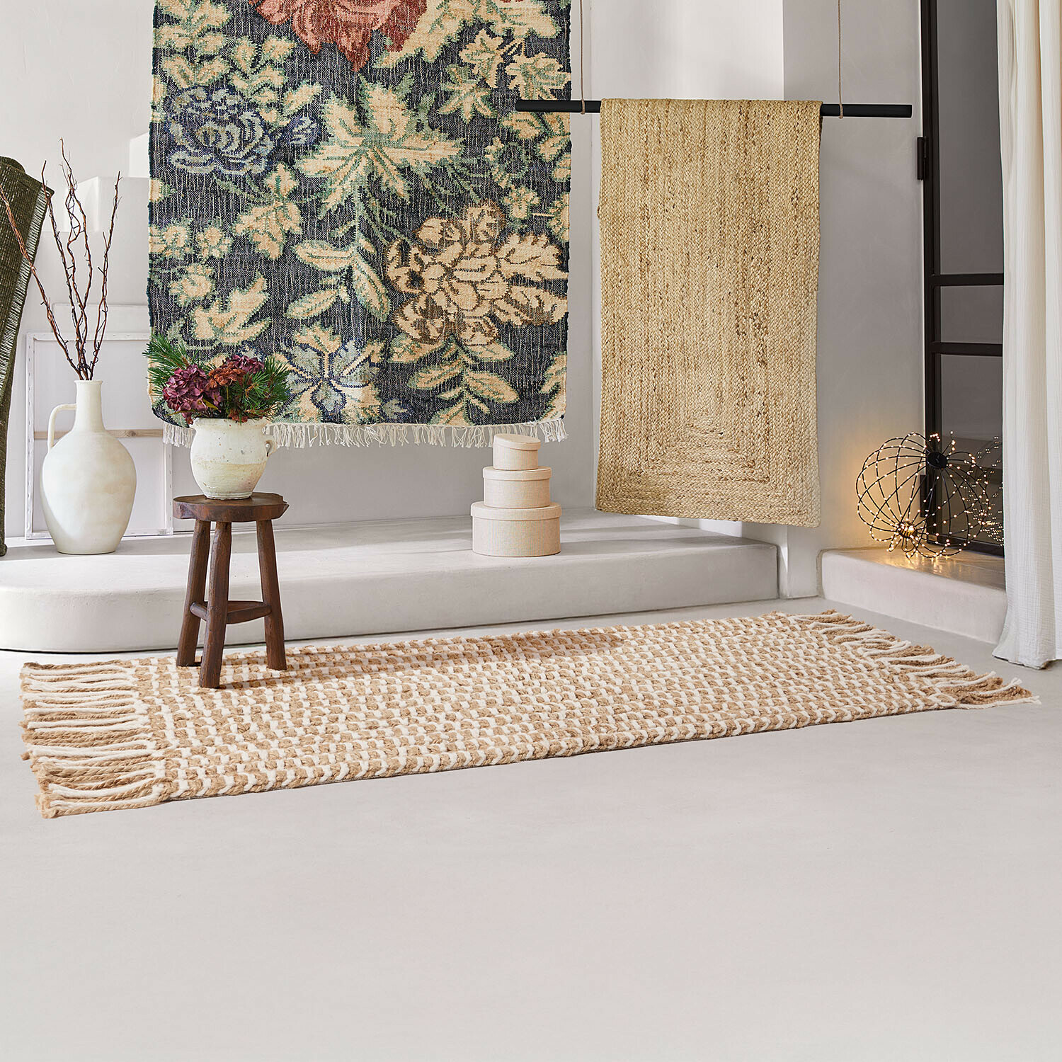 Läufer Yrundal Natürlicher Jute-Teppich in Beige-Weiß mit Fransen, nachhaltige Wohnraumdekoration