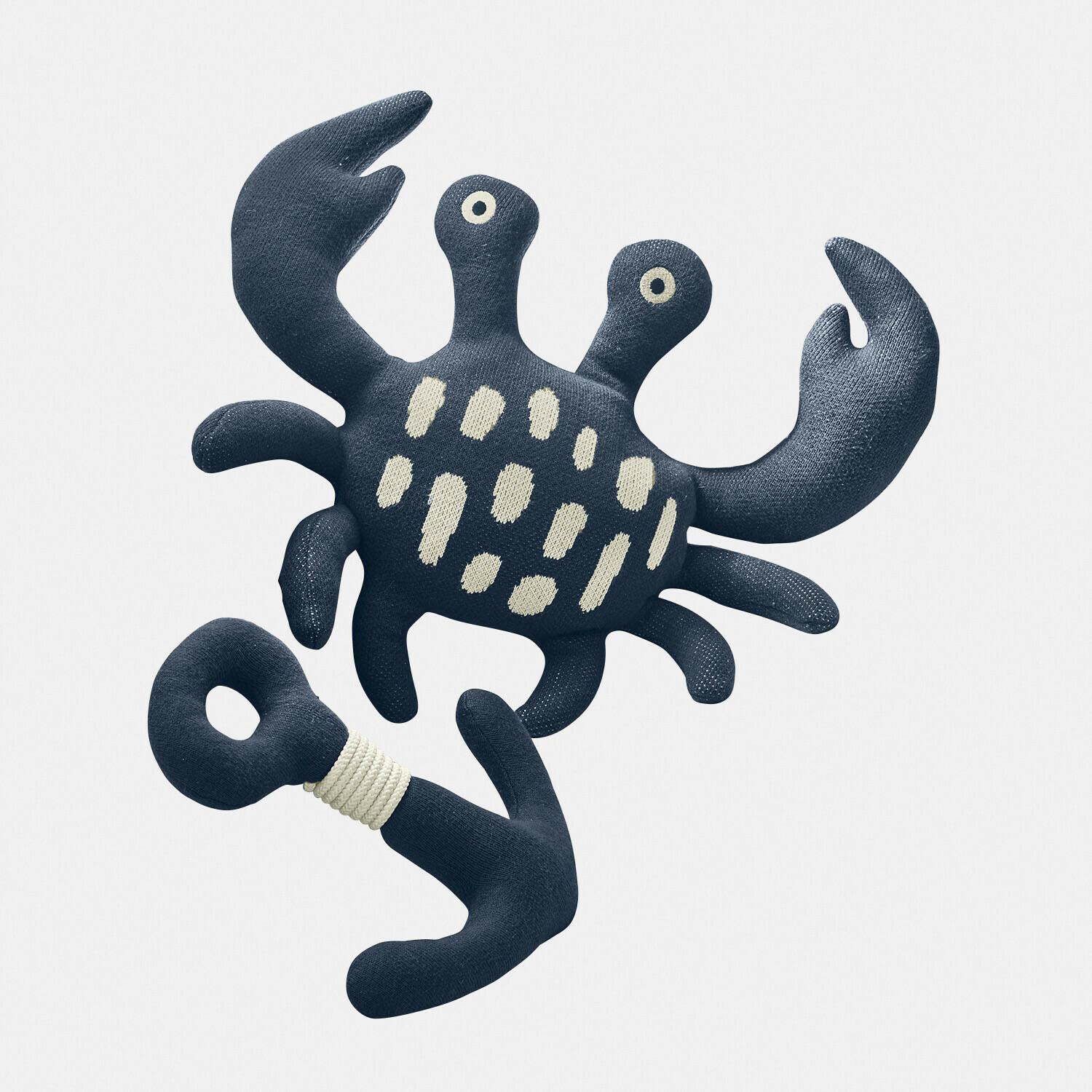 Marineblaues Plüsch-Krabben-Spielzeug mit hellen Flecken und Stoffanker, weich und kinderfreundlich