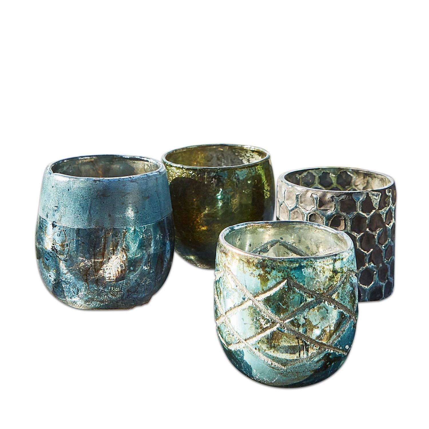 blau/grün 4-teiliges Windlicht-Set aus Metall in Marine und Petrol, dekorative Wohnaccessoires