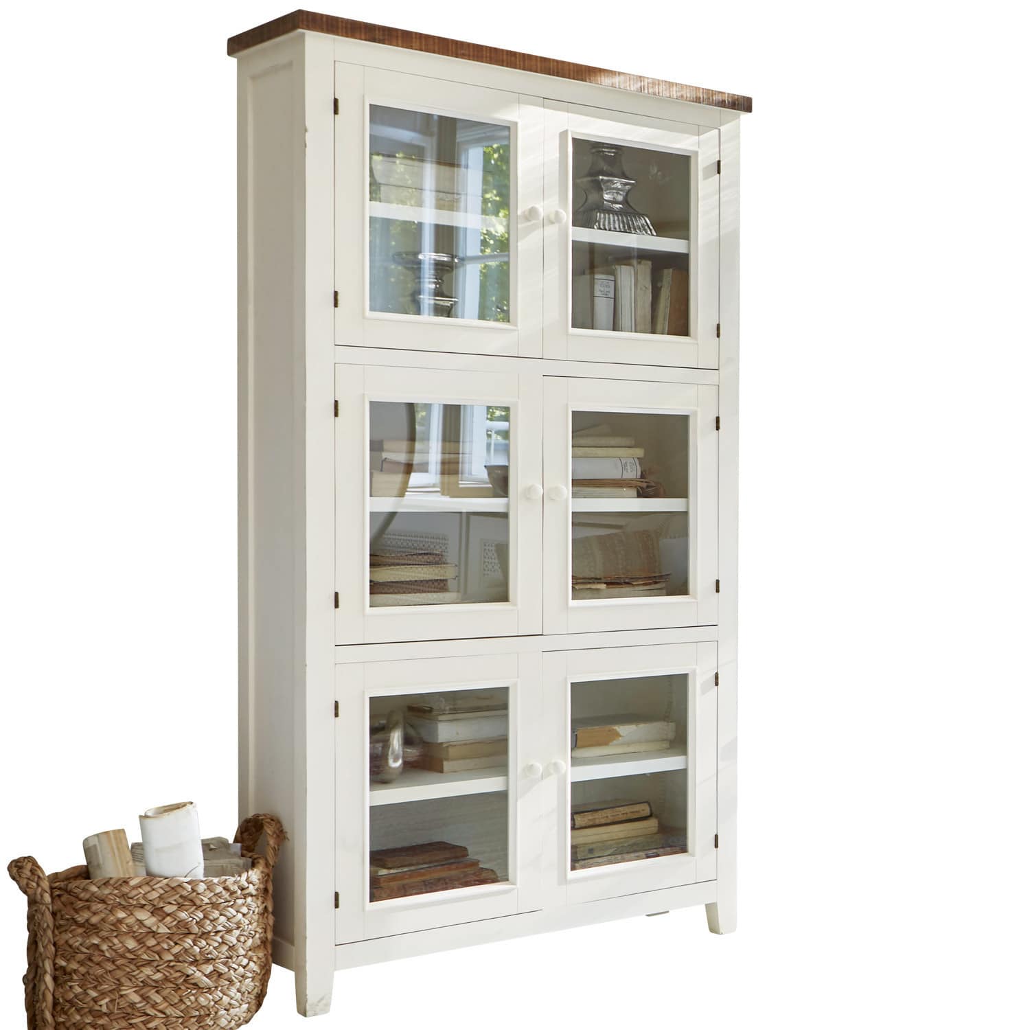 Schrank Yukon Weiße Holzvitrine mit Glastüren und Regalen für Bücher und Dekorationen