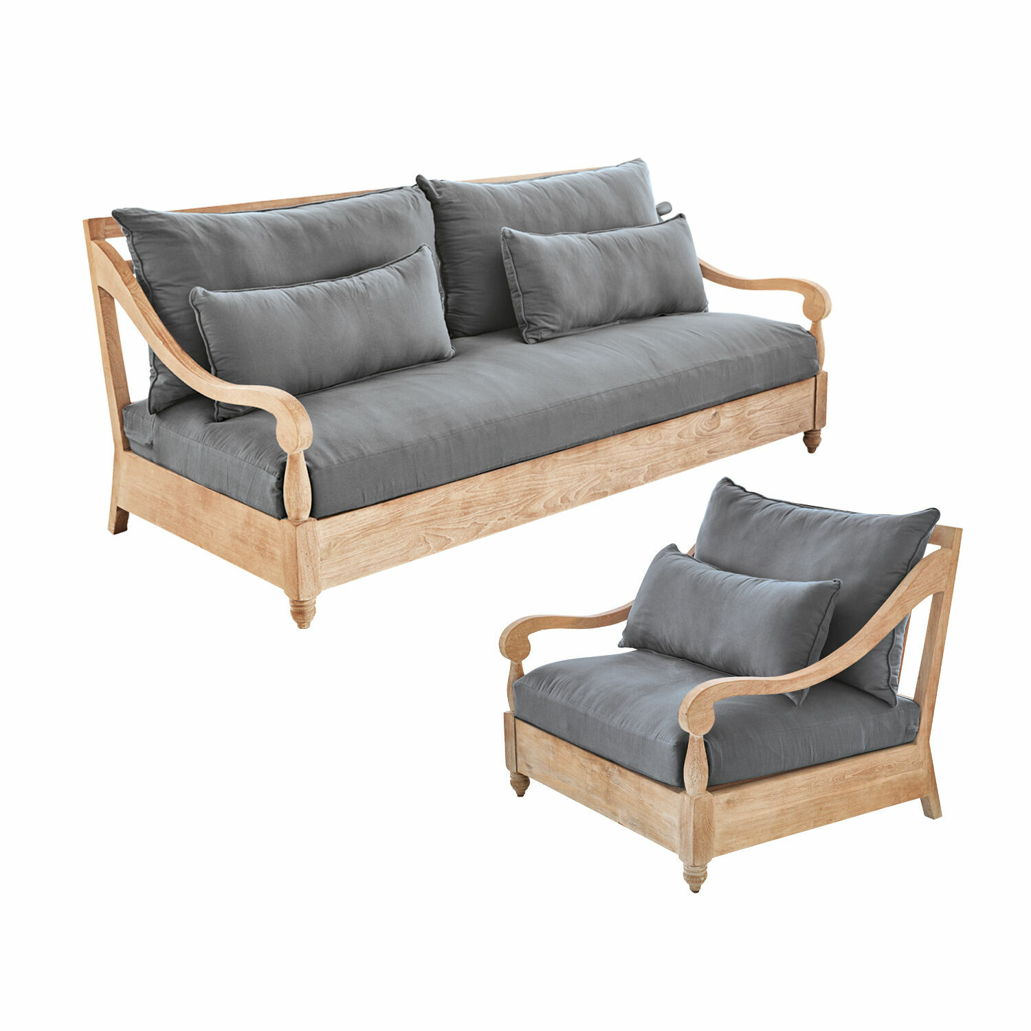 braun/grau Sitzgruppe Montcassin aus Holz mit grauen Polstern, komfortable Wohnzimmermöbel