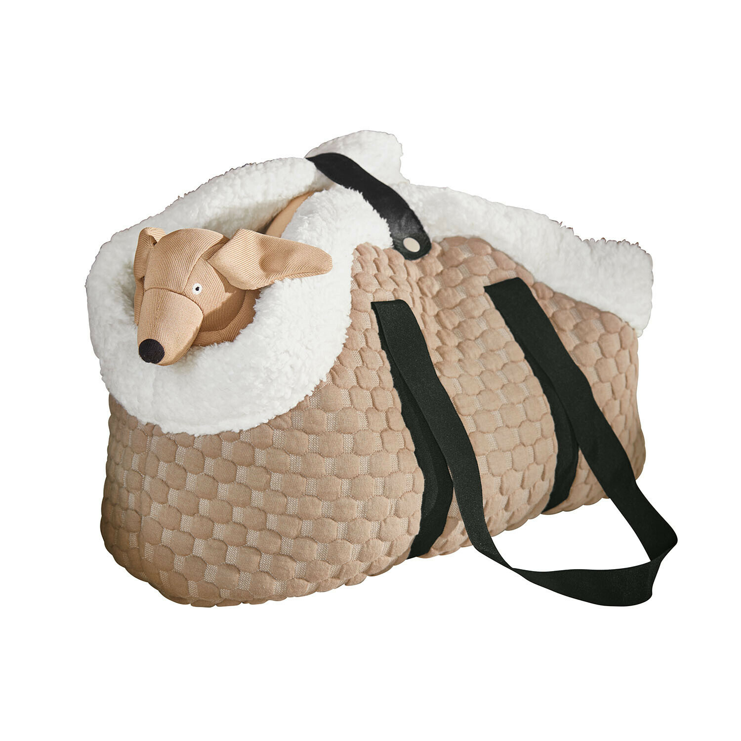 Beige gesteppte Tasche mit schwarzen Trägern und weißem Fellbesatz mit Plüschhund