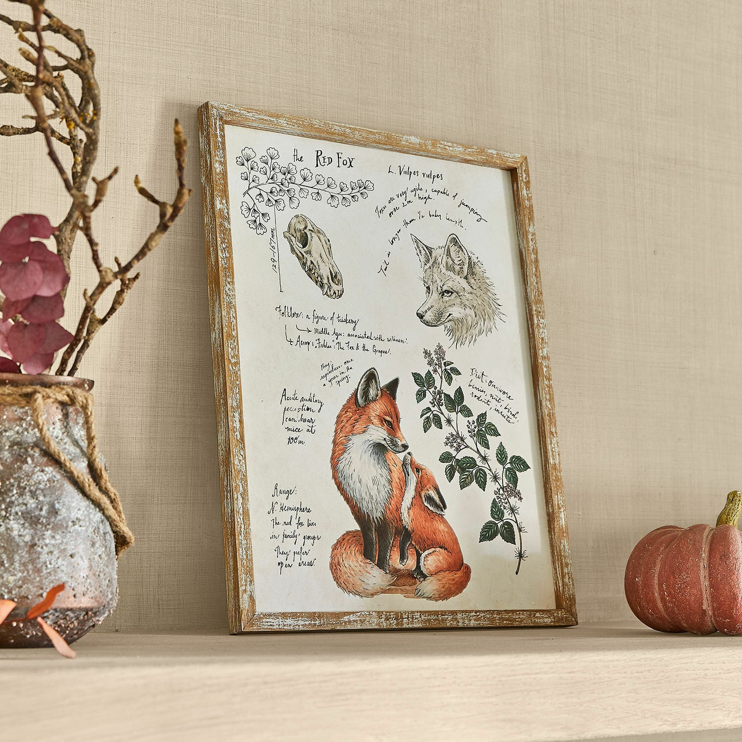 Dekoboard Survie Bild mit Holzrahmen zeigt rotfuchs-Illustration und handschriftliche Notizen, Vintage-Wanddeko