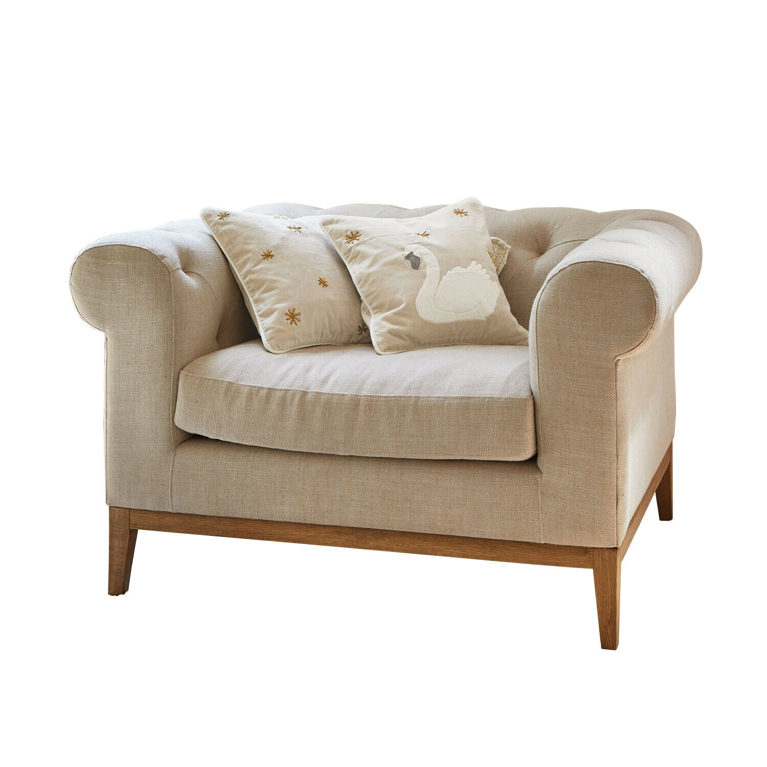 Sessel Fairbourne Beiges Sofa aus Stoff mit Holzgestell und zwei dekorativen Kissen mit Schwan-Stickerei