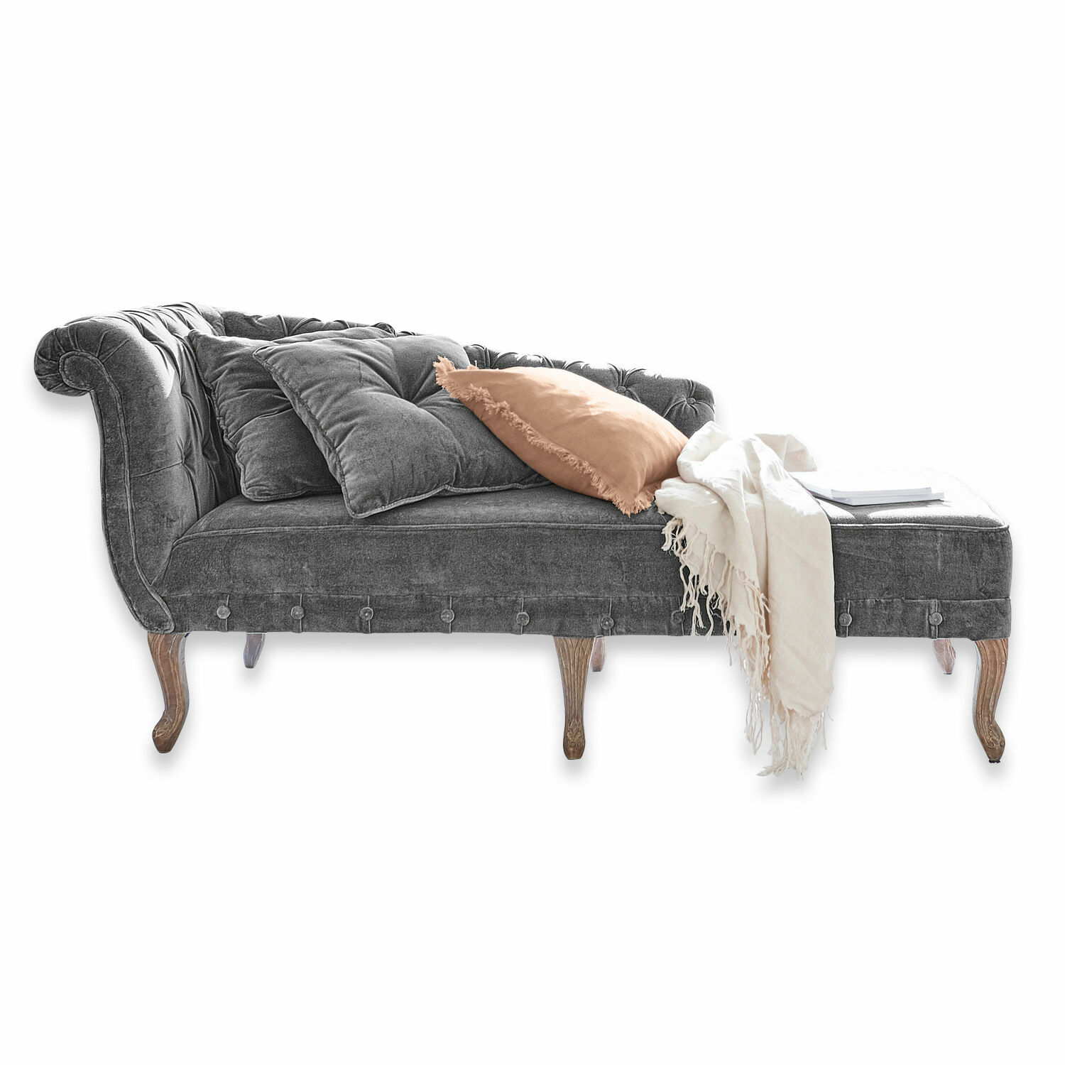 Chaiselongue Viviani Graue Samt-Chaiselongue mit Holzbeinen und Kissen, elegantes Wohnzimmermöbel zum Entspannen