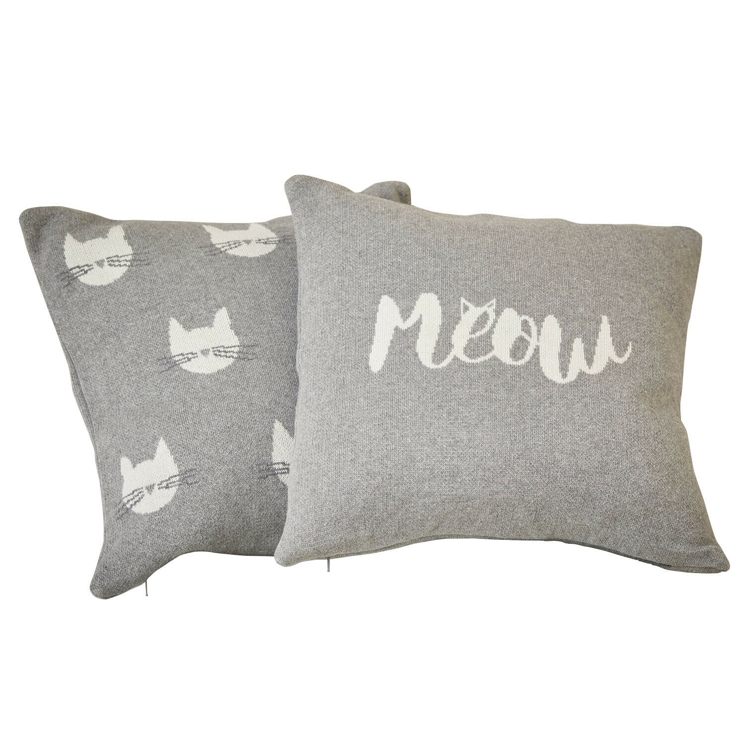 Kissenhülle 2er Set Solviana Graue Kissen mit weißen Katzenmotiven und Schriftzug meow, weiches Material für Wohnraumdeko