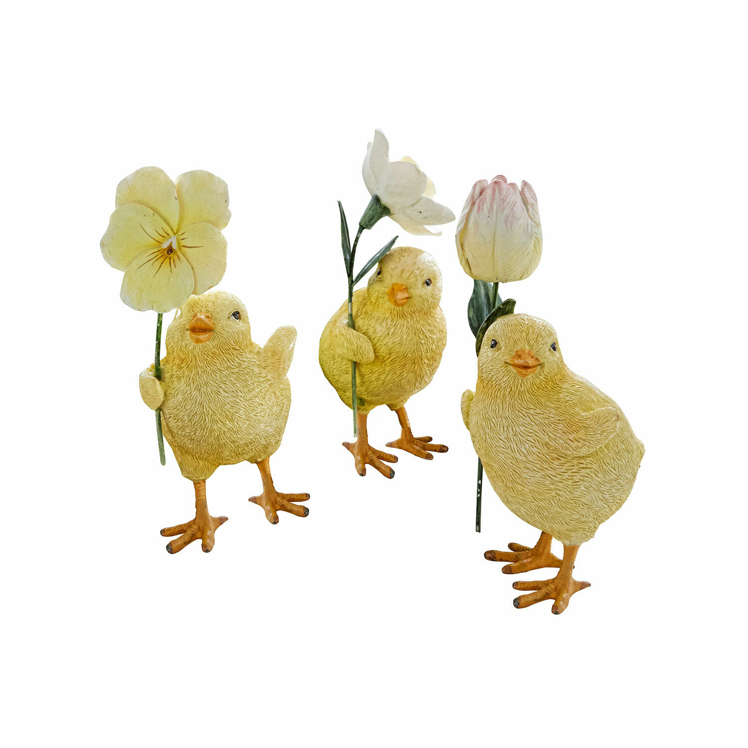 Küken 3er Set Duerre Drei gelbe Deko-Küken aus Kunststoff mit pastellfarbenen Blumen in den Flügeln