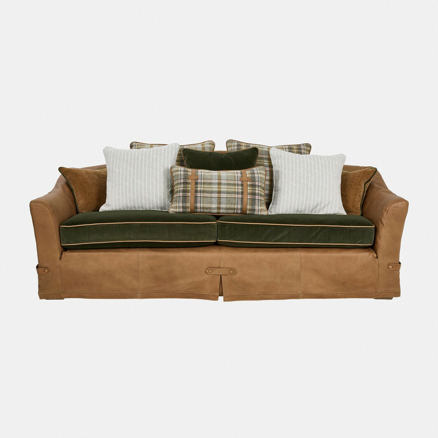 Sofa Halton Braunes Ledersofa mit grünen Kissen und gemusterten Bezügen, gemütliches Wohnzimmermöbel