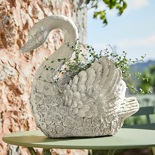Dekorativer Schwan-Blumentopf aus grauem Beton mit Blumenmuster für den Außenbereich