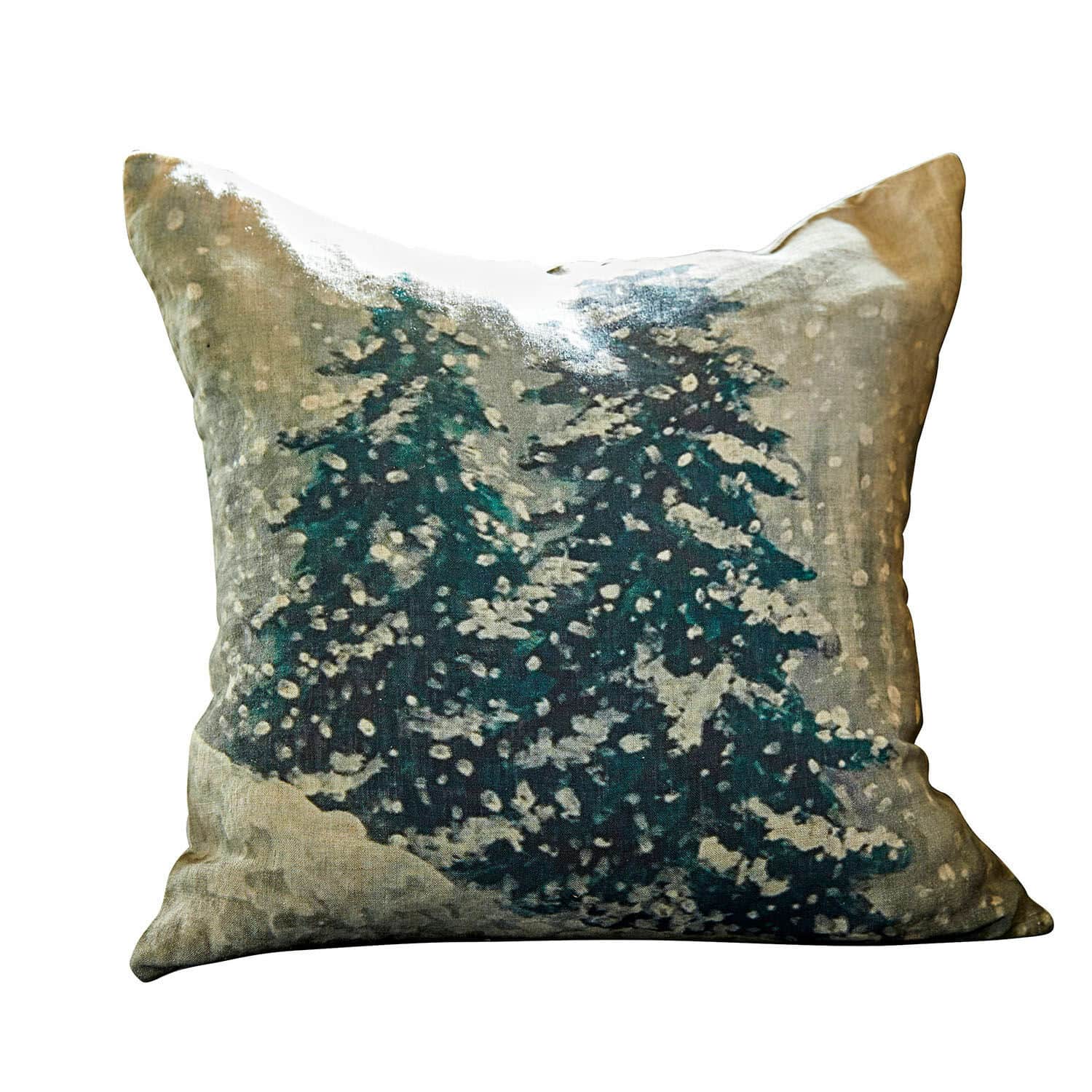 Kissenhülle Mierta Dekorativer Leinen-Kissenbezug mit Tannenbaum-Motiv in winterlichen Farben für Wohnkultur