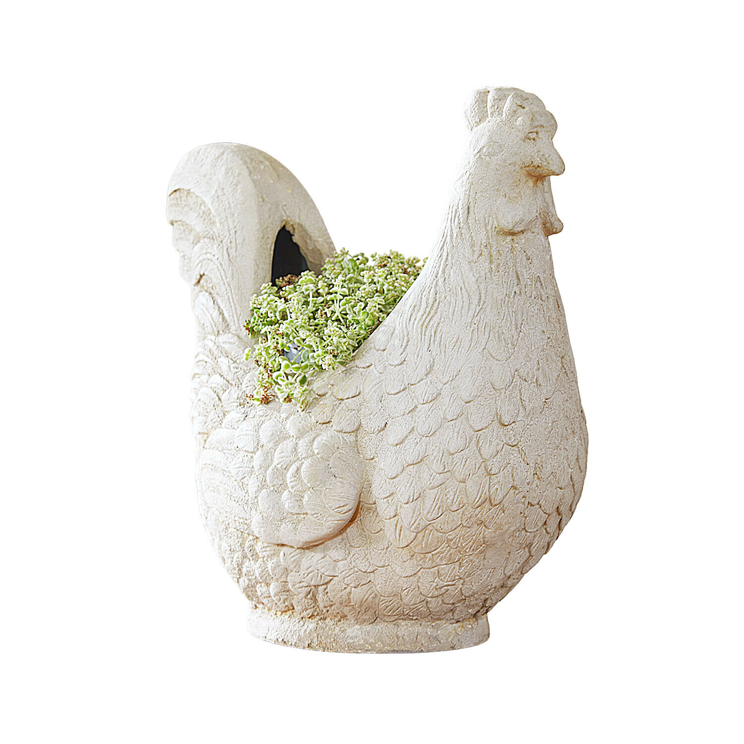 Weiße Steingartenfigur in Hühnerform mit grüner Pflanze, dekorativer Blumentopf