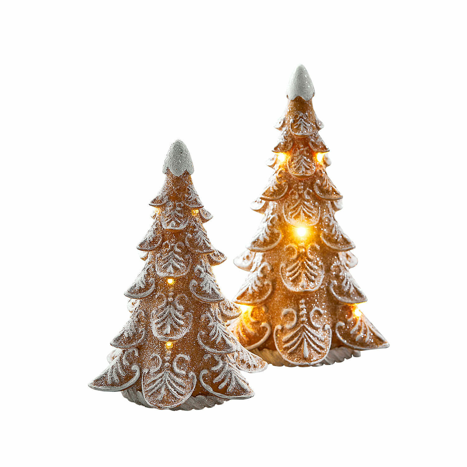 LED-Baum 2er Set Anyama Zwei braune Keramik-Weihnachtsbäume mit LED-Beleuchtung und weißem Schneeeffekt, festliche Deko