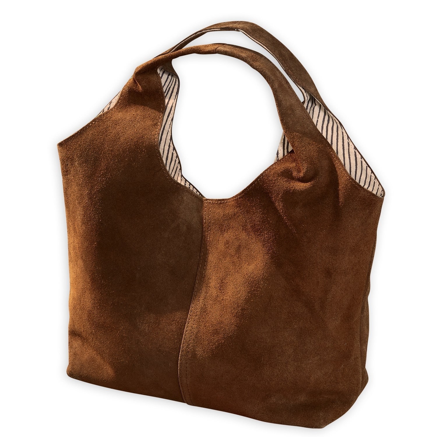 Tasche Georgine Braune Tasche aus weichem Veloursleder mit Henkel und gestreifter Innenfütterung, modisches Accessoire