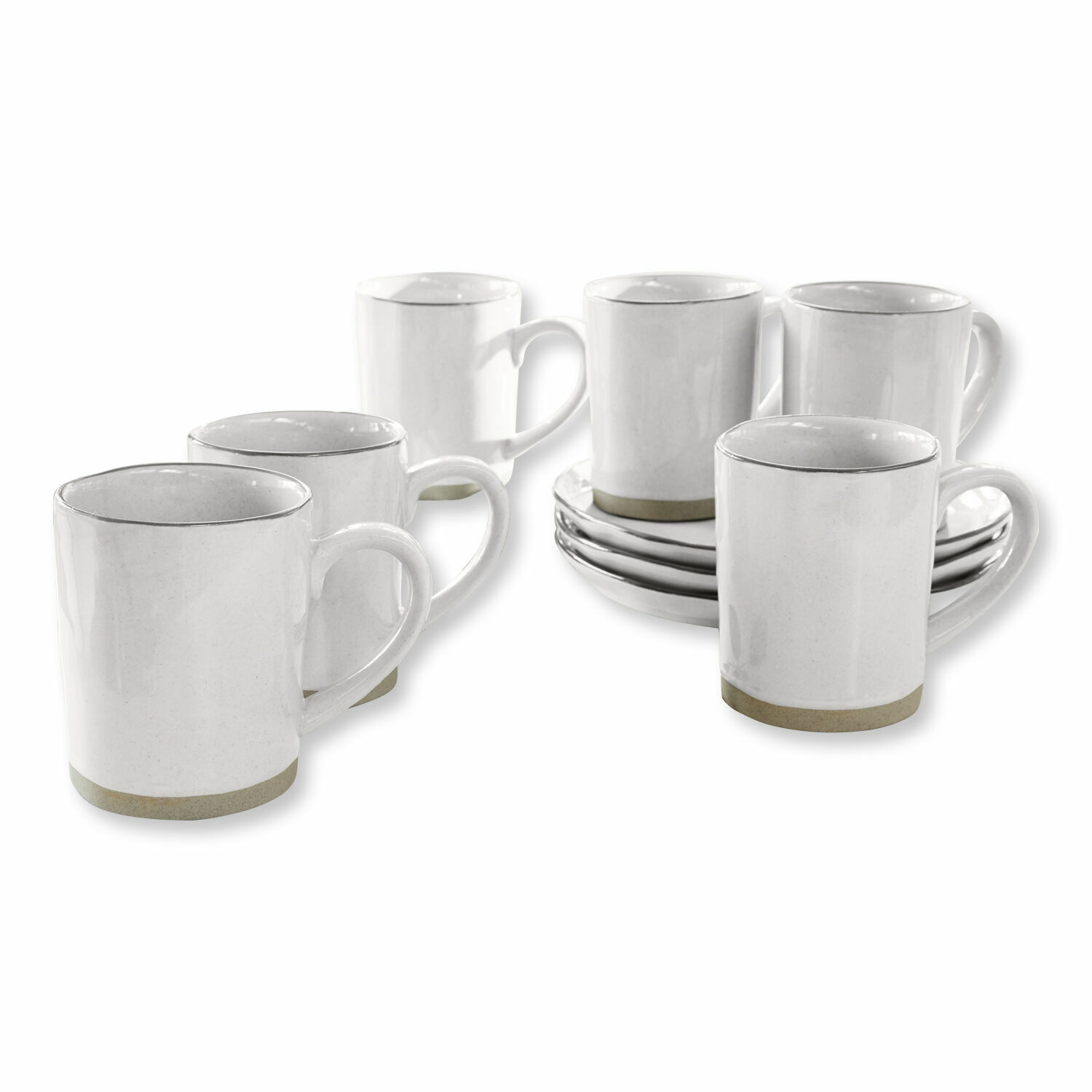 Tasse 6er Set Biarré Set aus sechs weißen Keramiktassen mit beigem Boden und passenden Untertassen für Kaffee