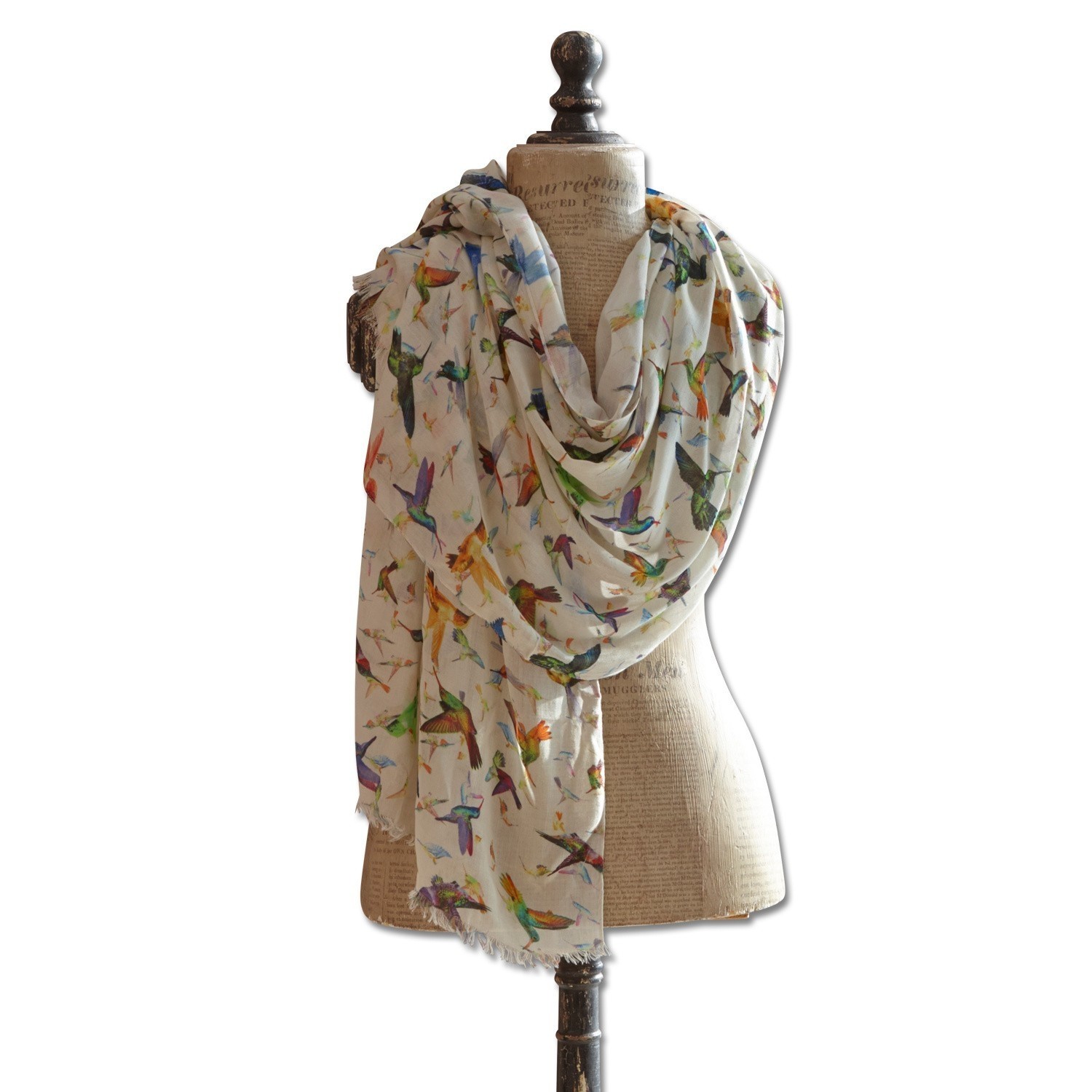Schal Birds Leichter Schal mit buntem Vogelmuster auf cremefarbenem Stoff, weiches Material, modisches Accessoire