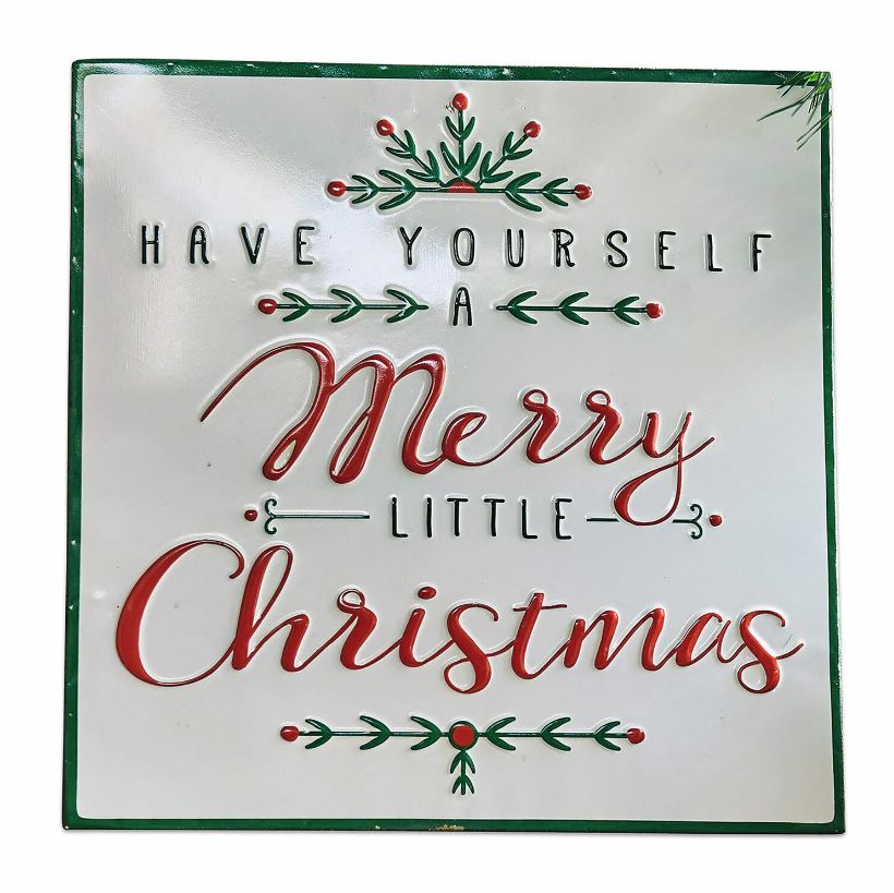 Weiße Metalltafel mit Weihnachtsaufschrift Merry Christmas und grünen sowie roten Verzierungen