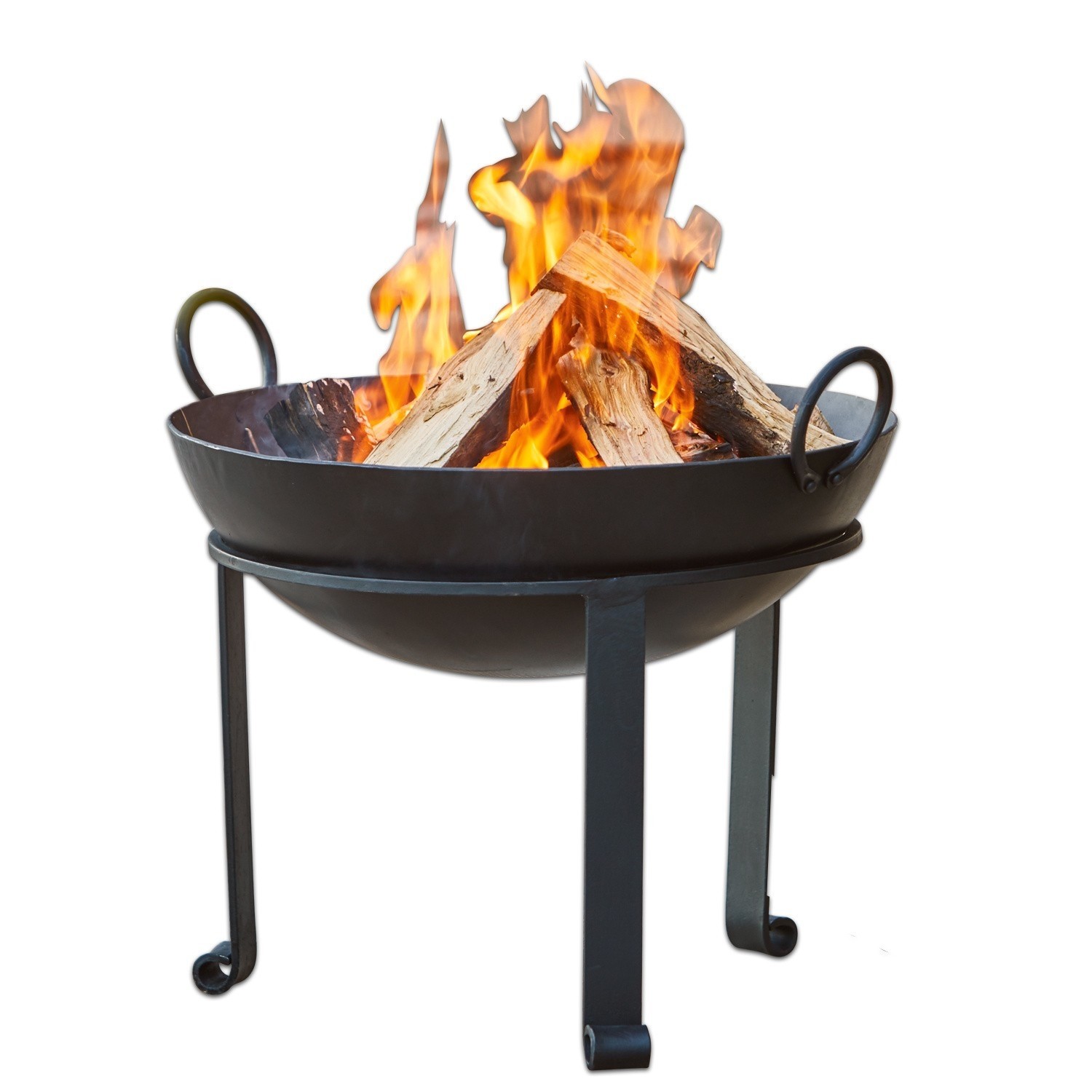 Feuerschale Harrogate Schwarzes Metall-Feuerkorb mit drei Beinen, brennendem Holz und Flammen für Garten
